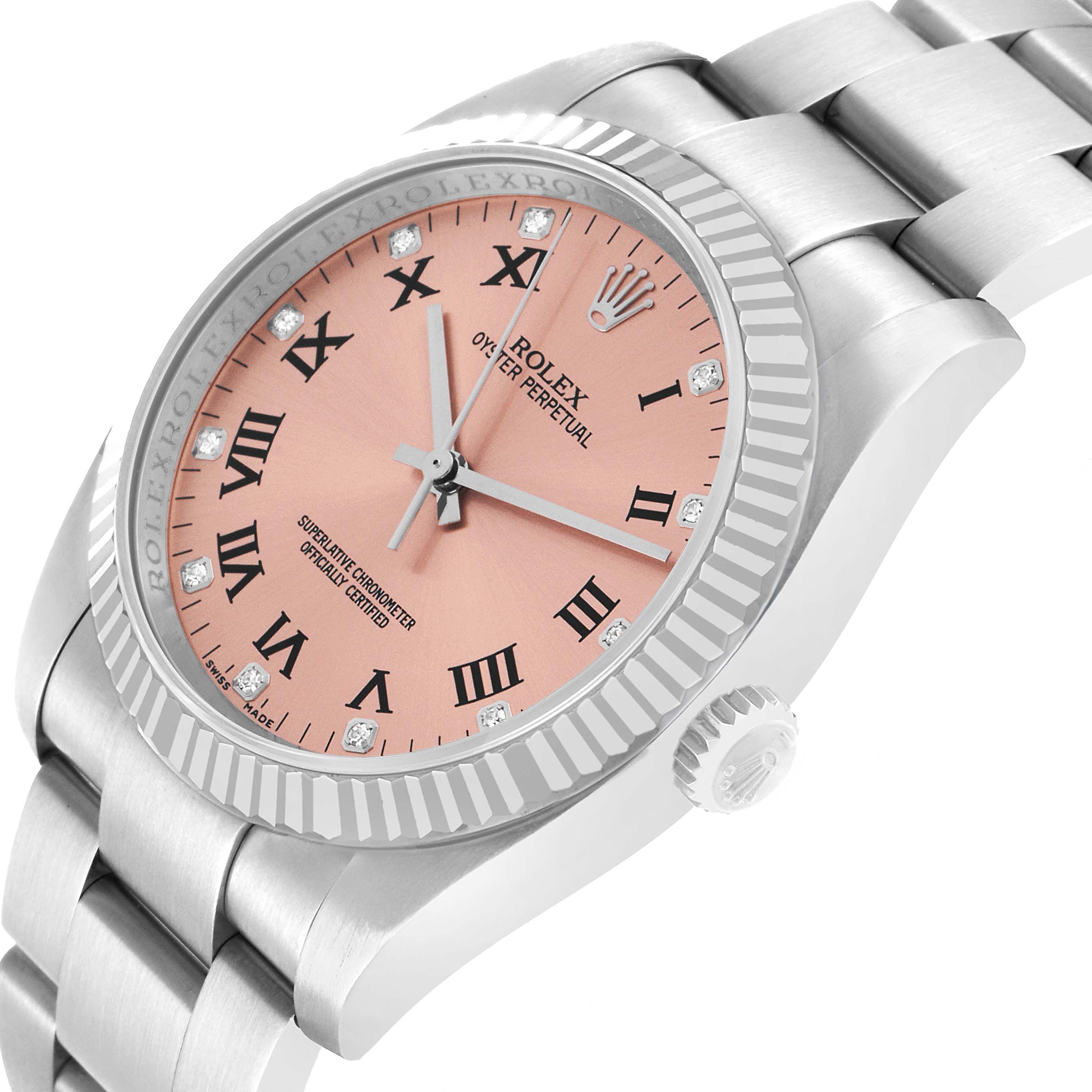 The Rolex Oyster Perpetual 116034 Men's Stainless Steel Pink Dial watch is shown at an angled side view, highlighting its dial, bezel, bracelet, and crown.
