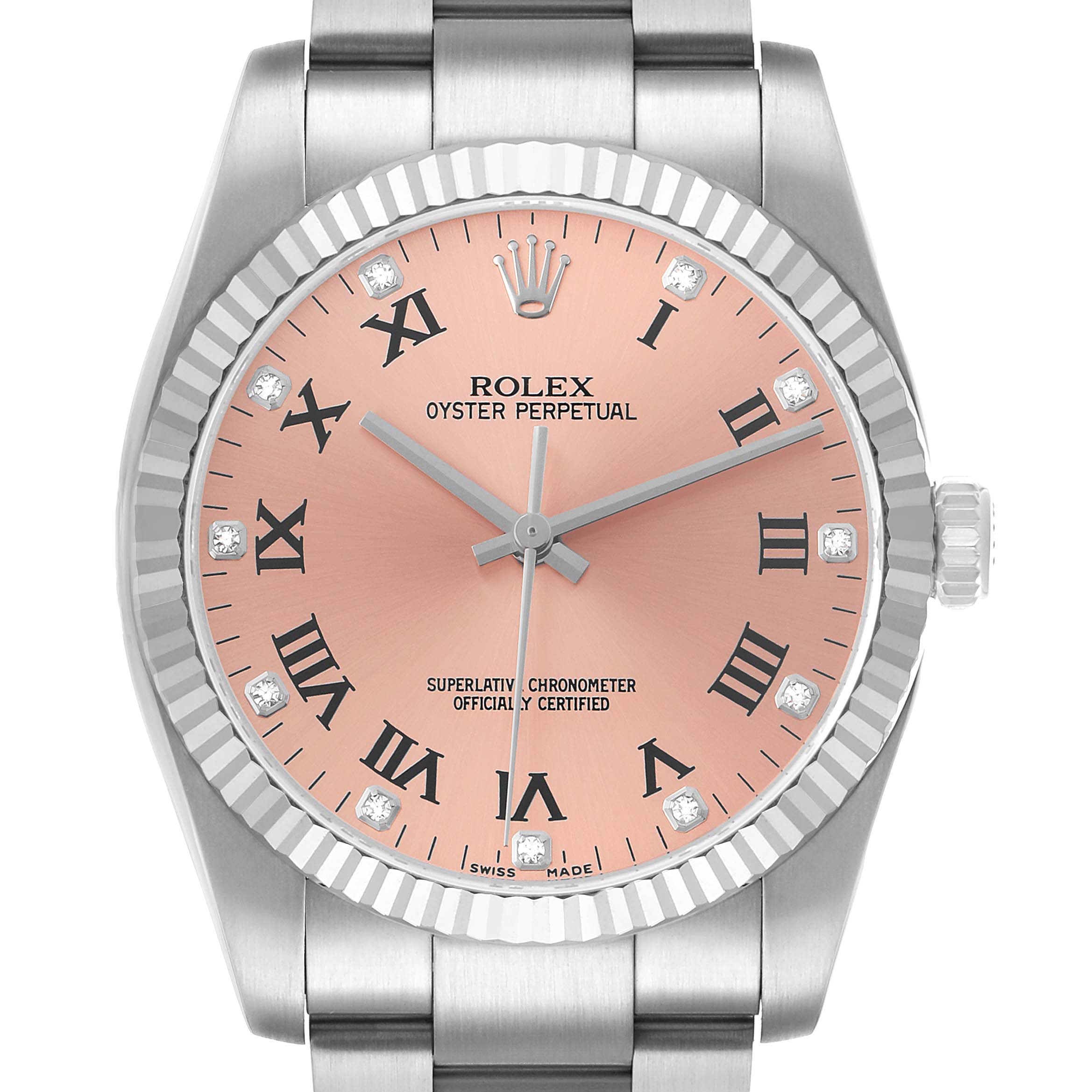 This Rolex Oyster Perpetual 116034 Men's Stainless Steel Pink Dial watch is shown from the front angle, highlighting the dial, bezel, crown, and part of the bracelet.