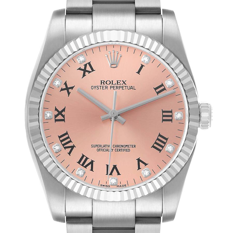This Rolex Oyster Perpetual 116034 Men's Stainless Steel Pink Dial watch is shown from the front angle, highlighting the dial, bezel, crown, and part of the bracelet.