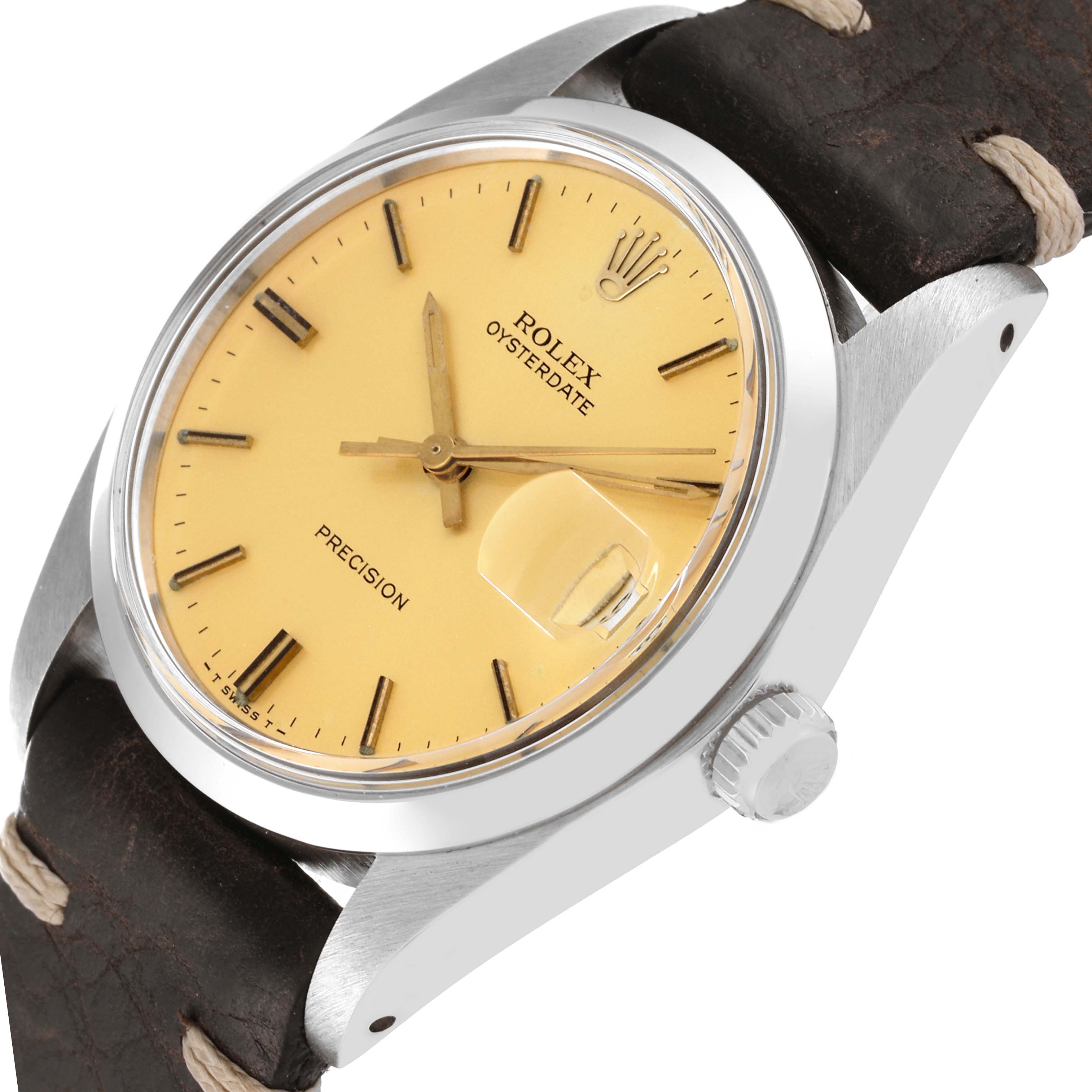 The image shows a close-up, angled view of the Rolex Vintage Collection 6694 Men's Stainless Steel Champagne Dial 6694 Men's Stainless Steel Champagne Dial, displaying its dial, crown, case, and part of the strap.