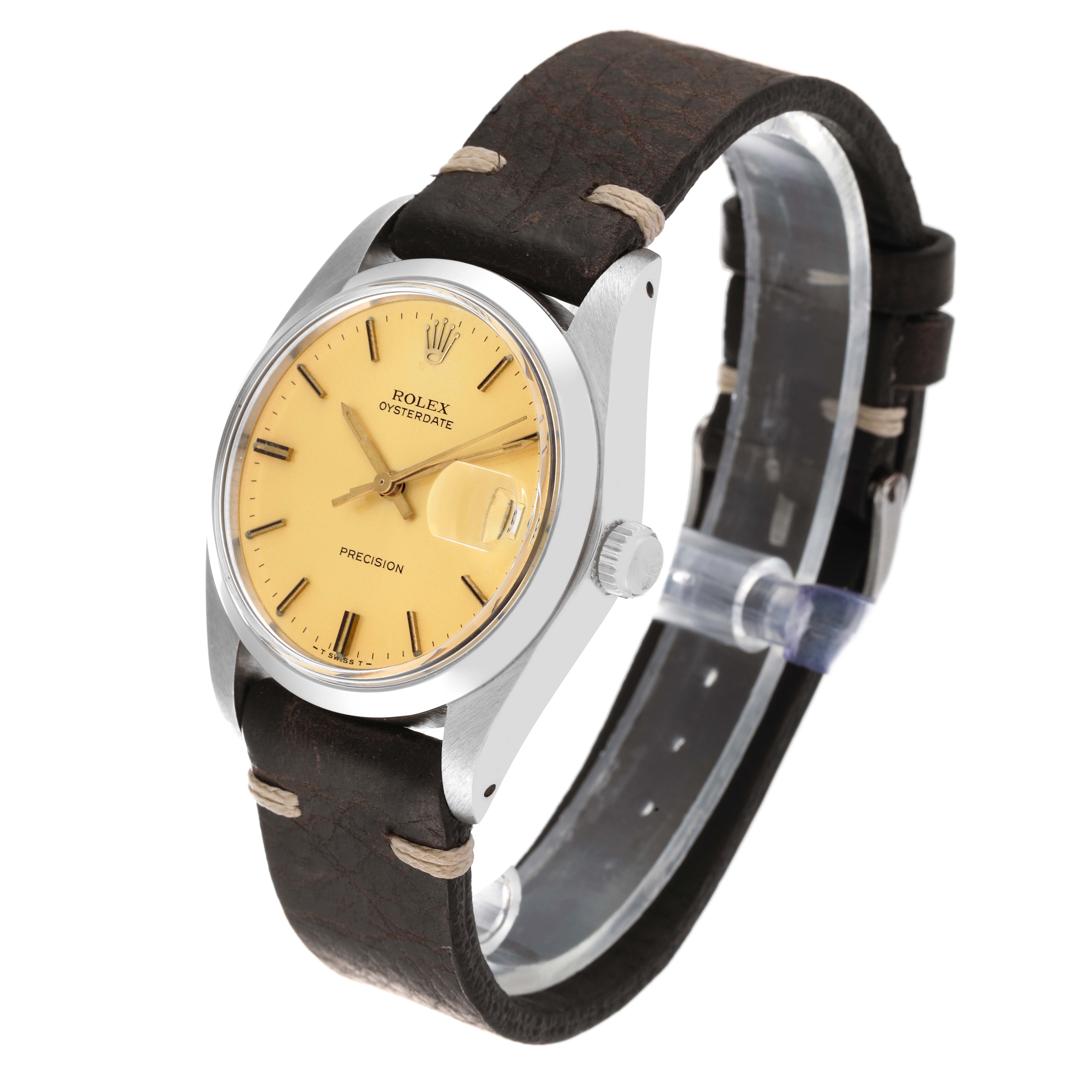 This image shows a Rolex Vintage Collection 6694 Men's Stainless Steel Champagne Dial 6694 Men's Stainless Steel Champagne Dial Oysterdate model watch from a front angle, highlighting the dial, case, and crown.