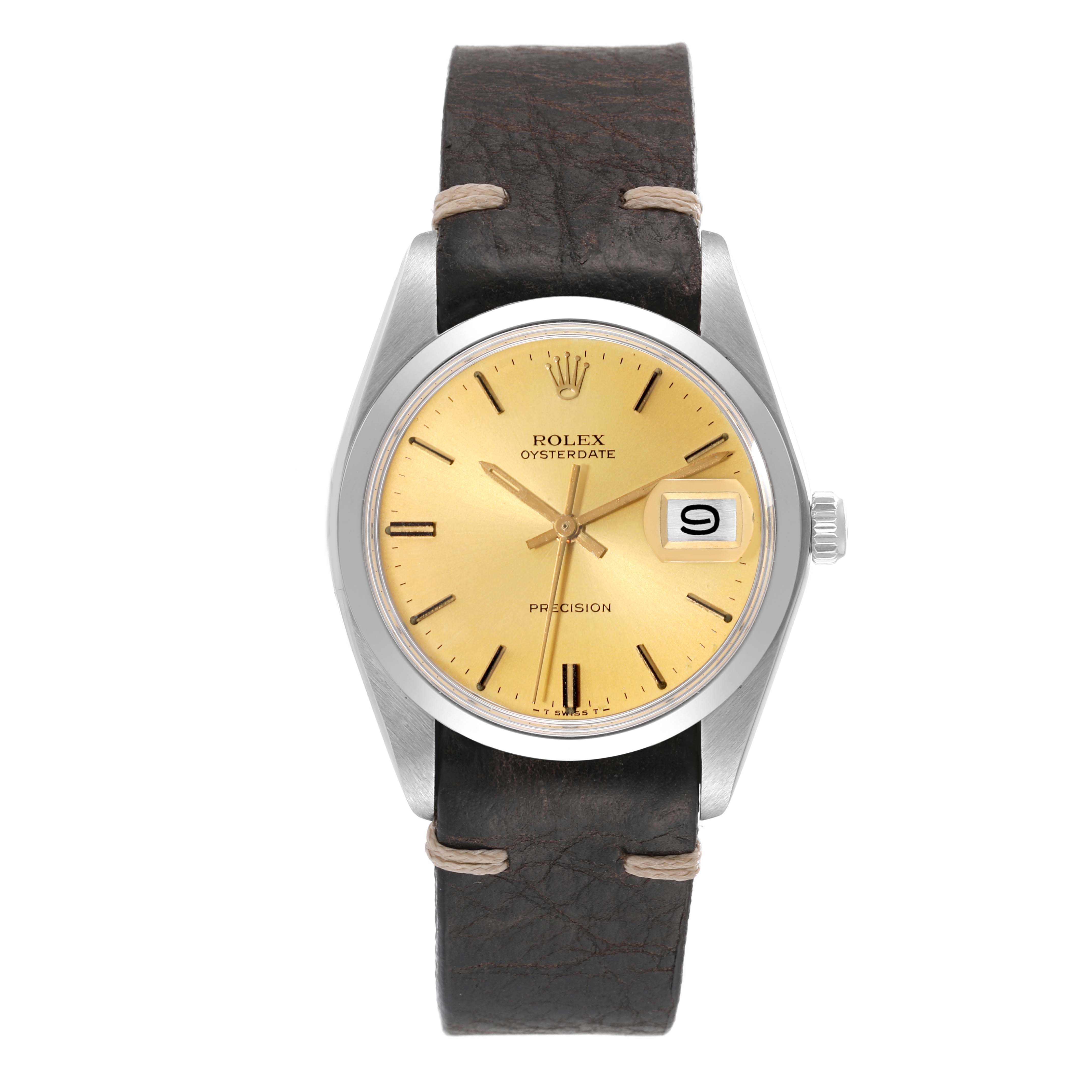 The Rolex Vintage Collection 6694 Men's Stainless Steel Champagne Dial 6694 Men's Stainless Steel Champagne Dial model is shown from the front, displaying the dial, hands, bezel, case, date window, and leather strap.