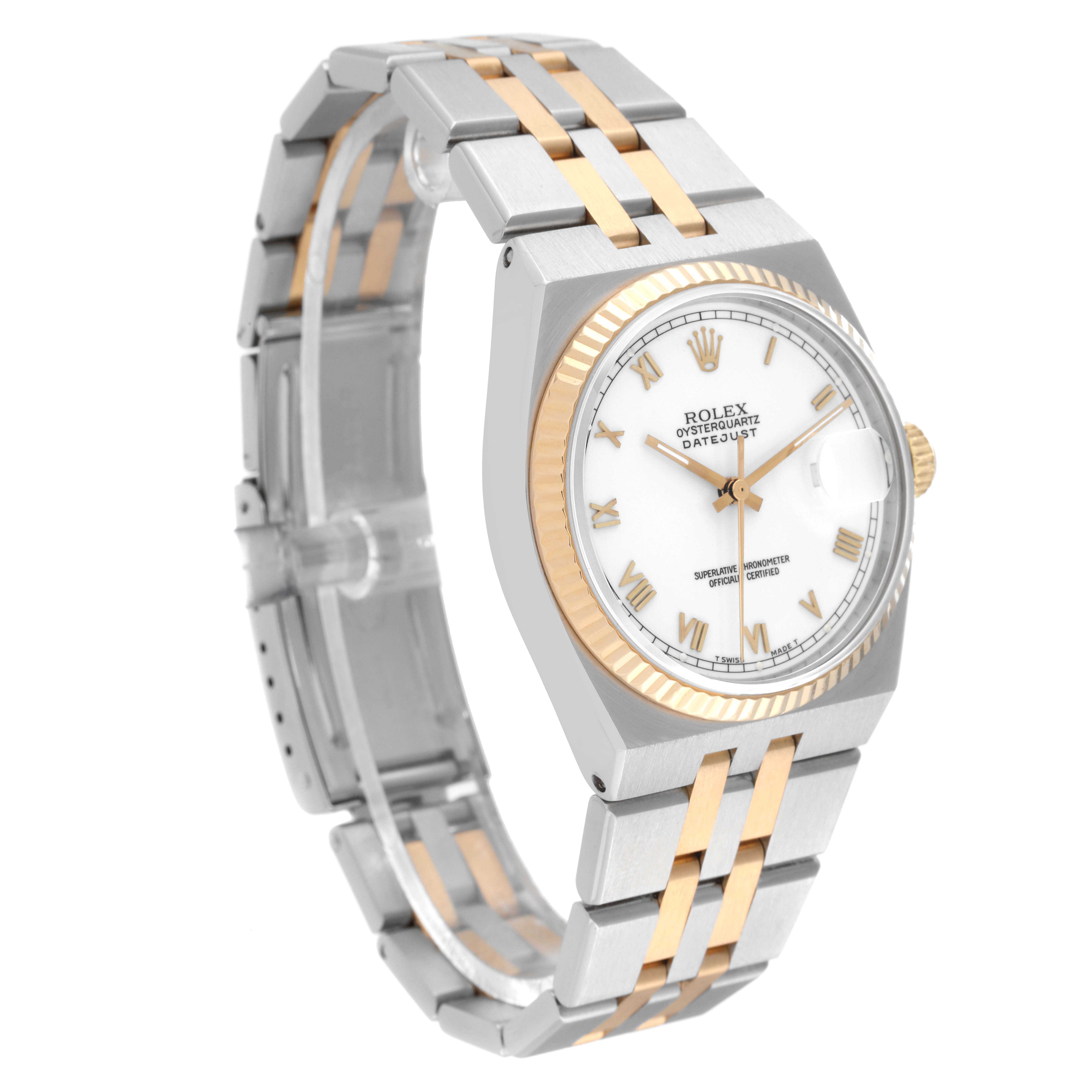 The image shows a Rolex Oysterquartz 17013 Men
s Steel and Gold (two tone) White Dial 17013 Men
s Steel and Gold (two tone) White Dial watch from a three-quarter angle, highlighting the dial, bezel, and bracelet.