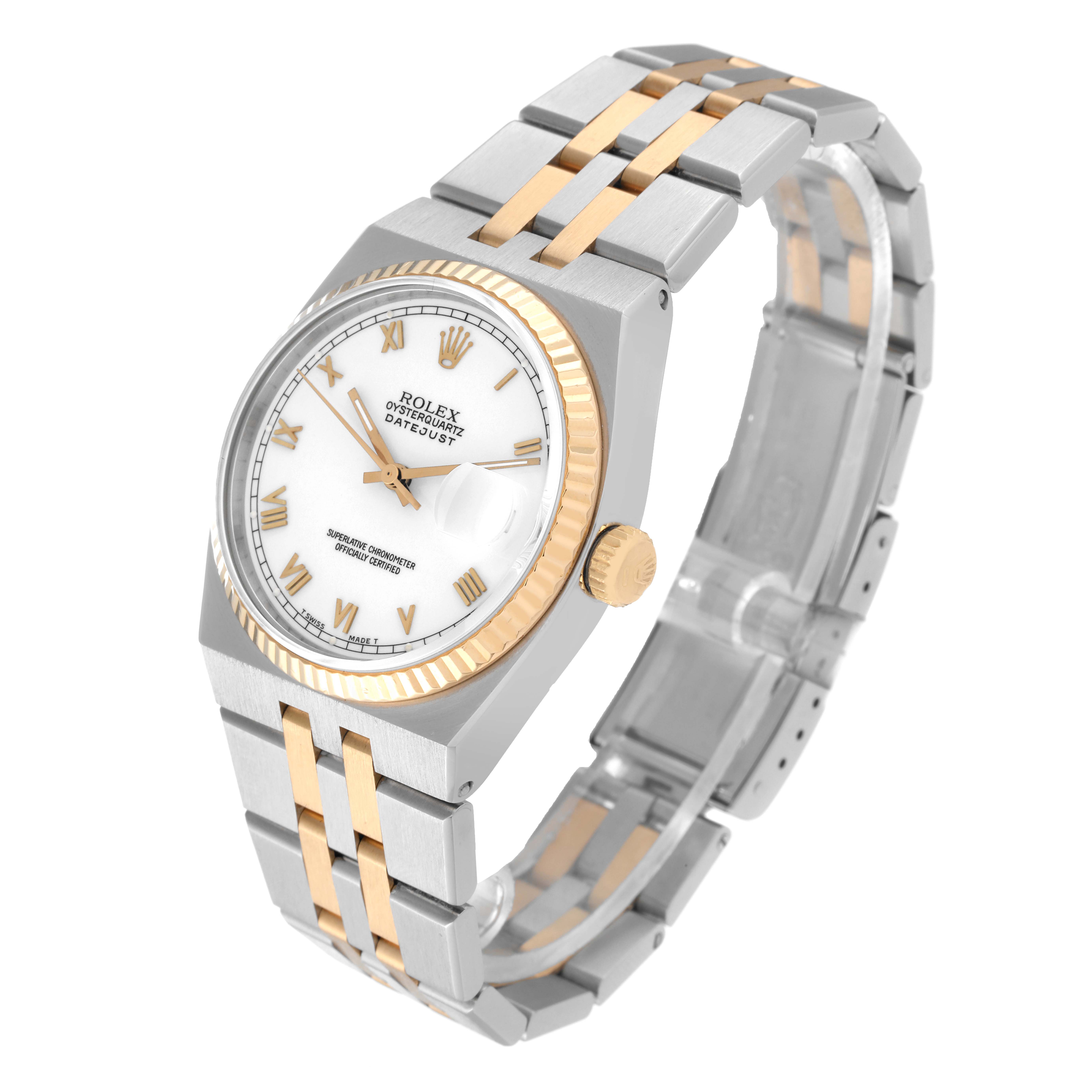 The image shows an angled view of the Rolex Oysterquartz 17013 Men
s Steel and Gold (two tone) White Dial 17013 Men
s Steel and Gold (two tone) White Dial, featuring its two-tone bracelet, crown, and fluted bezel.