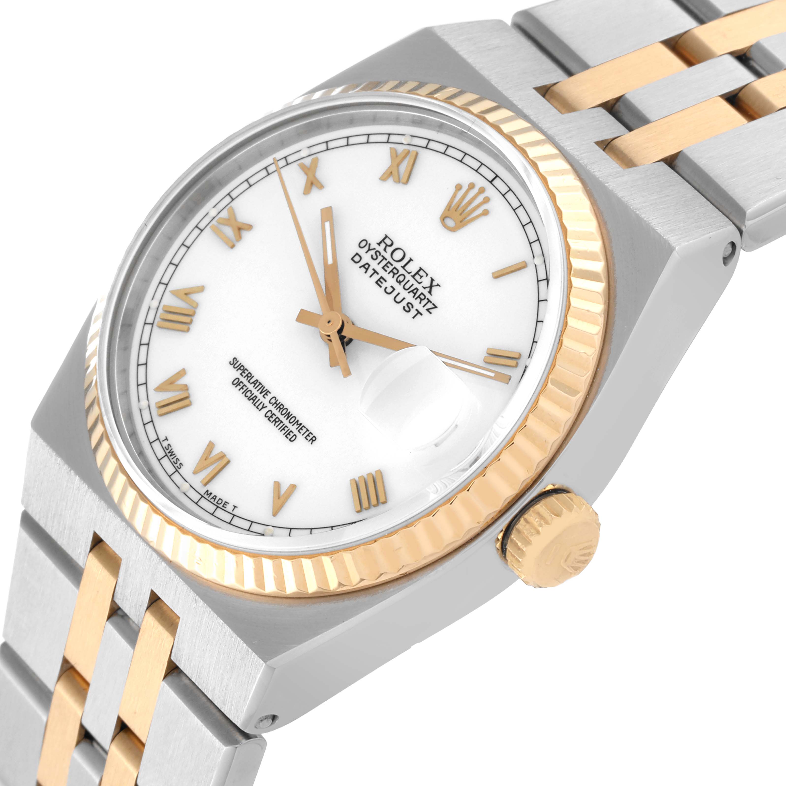 This image shows a close-up angle of the Rolex Oysterquartz 17013 Men
s Steel and Gold (two tone) White Dial 17013 Men
s Steel and Gold (two tone) White Dial Datejust watch, featuring its dial, bezel, crown, and part of the bracelet.