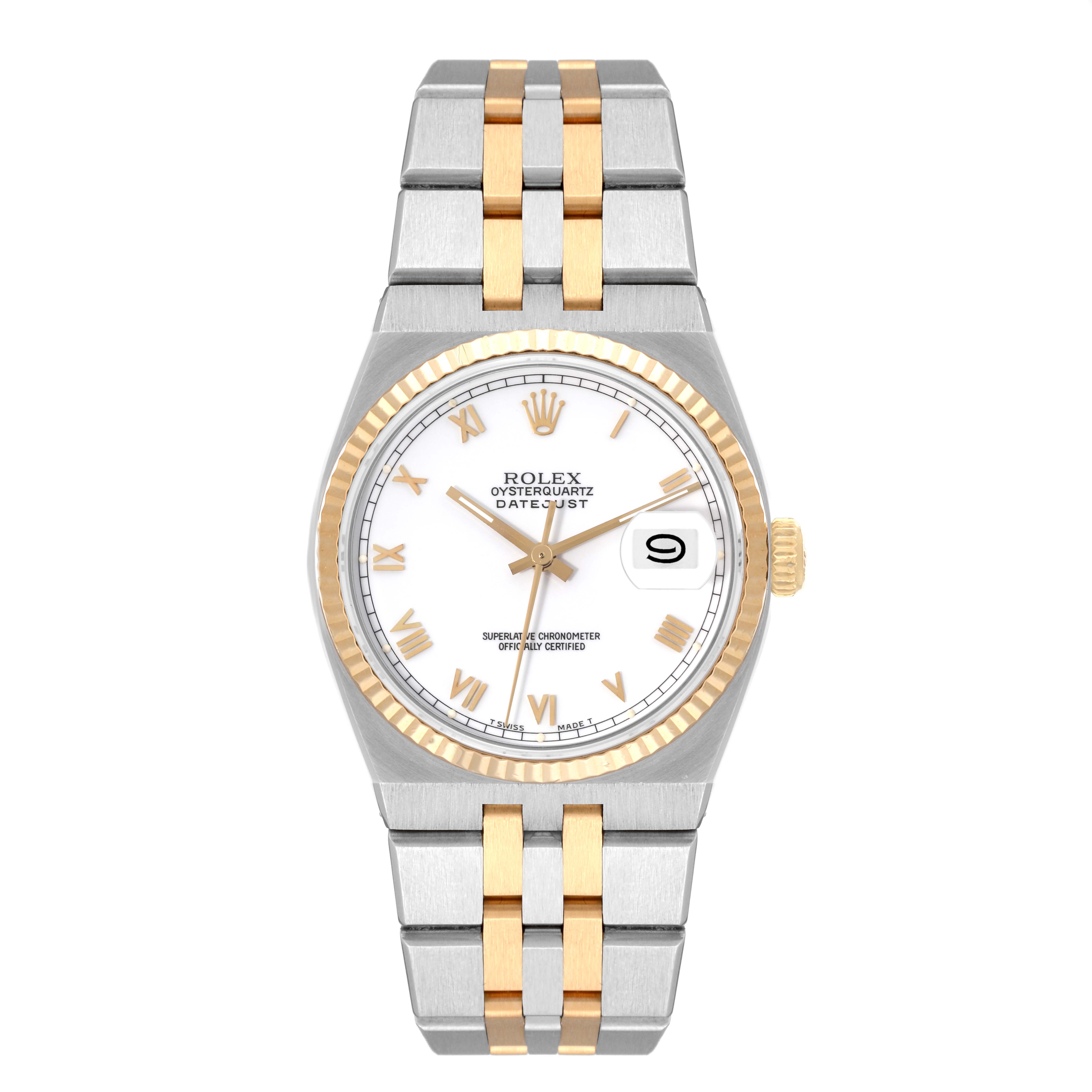 The image shows a front view of a Rolex Oysterquartz 17013 Men
s Steel and Gold (two tone) White Dial 17013 Men
s Steel and Gold (two tone) White Dial Datejust watch, highlighting the dial, bezel, and two-tone bracelet.