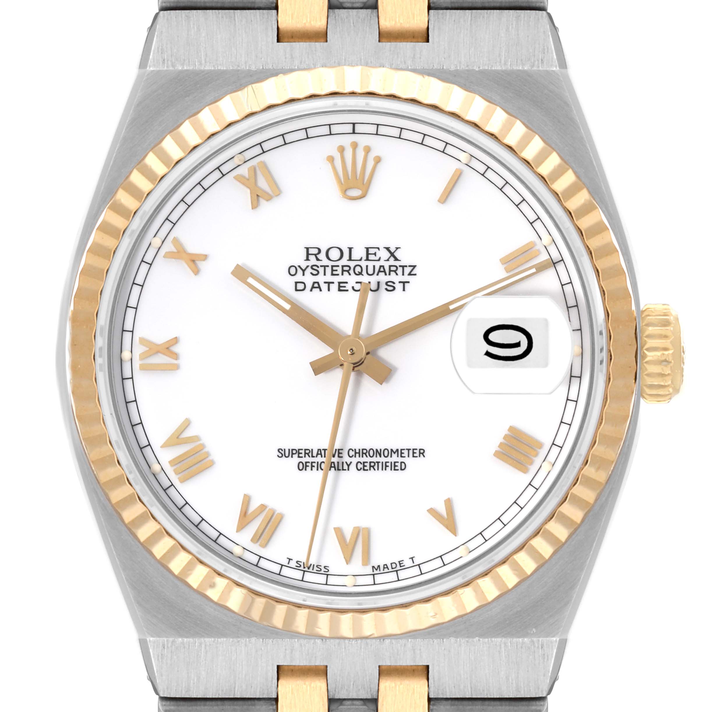 The image shows a Rolex Oysterquartz 17013 Men
s Steel and Gold (two tone) White Dial 17013 Men
s Steel and Gold (two tone) White Dial Datejust watch from a front angle, highlighting the dial, hands, crown, and bezel.