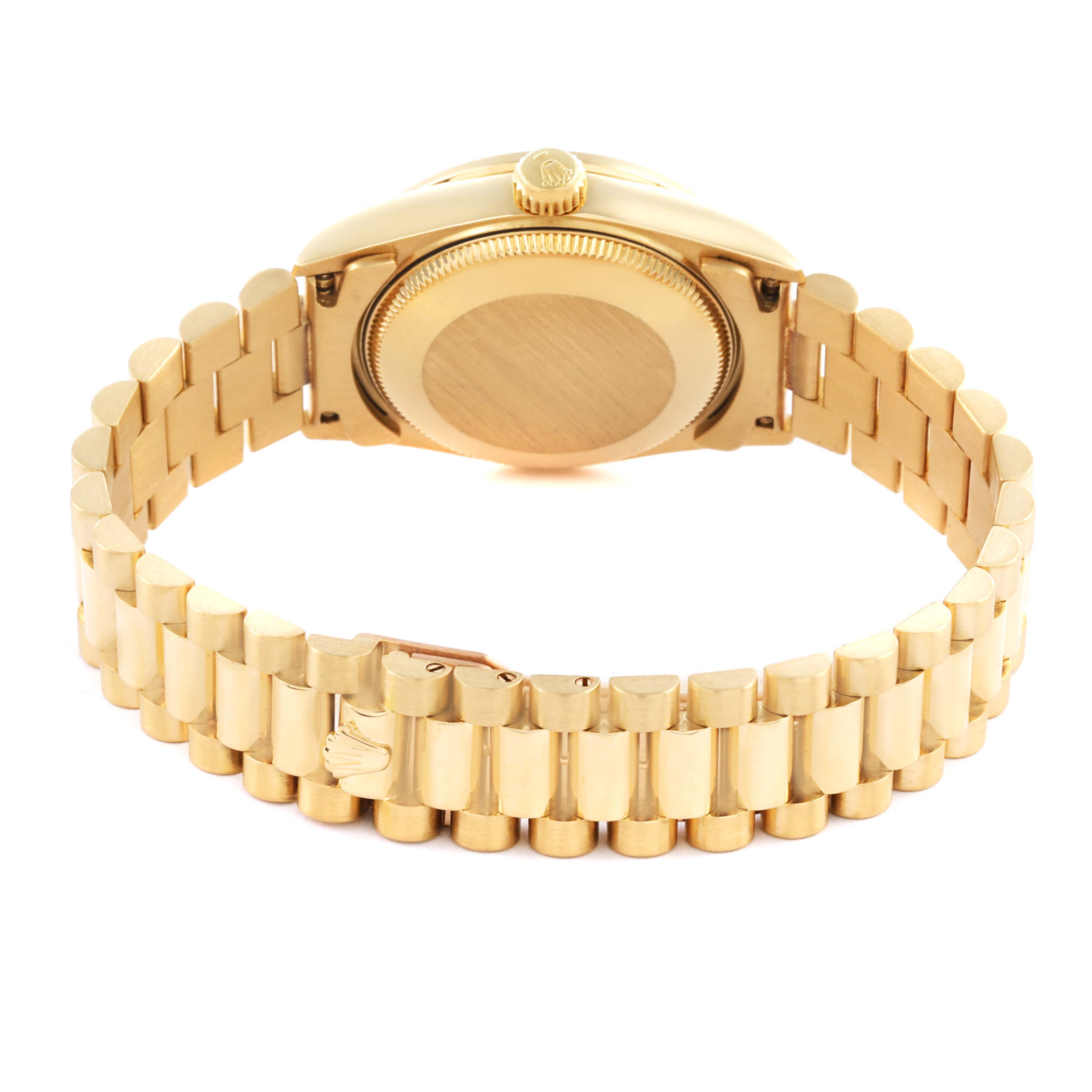 The image shows the back of a Rolex President 68288 Women's Yellow Gold Champagne Dial 68288 Women's Yellow Gold Champagne Dial model, highlighting the bracelet and caseback.