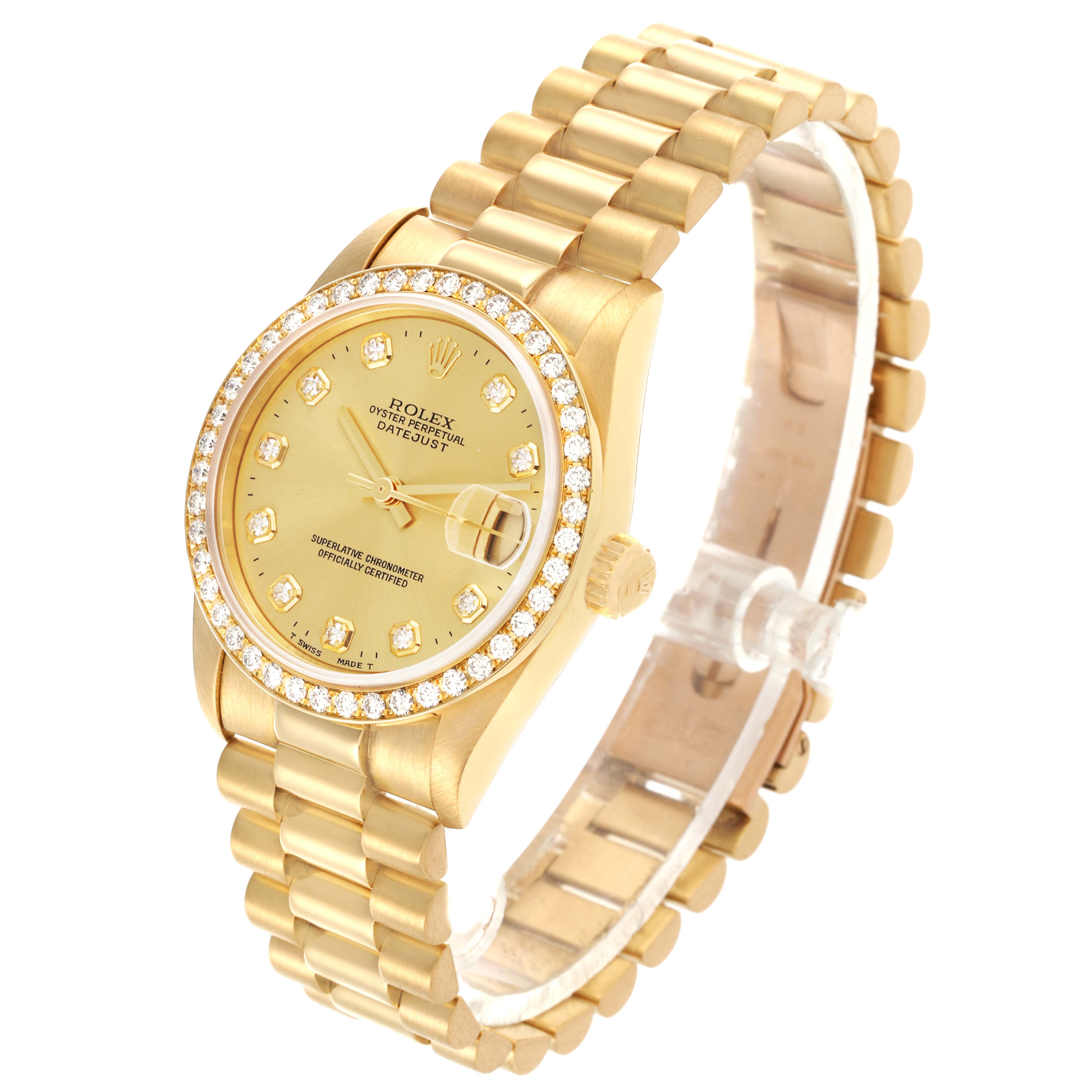 The Rolex President 68288 Women's Yellow Gold Champagne Dial 68288 Women's Yellow Gold Champagne Dial model watch is shown at a three-quarter angle, highlighting its band, bezel, and dial.