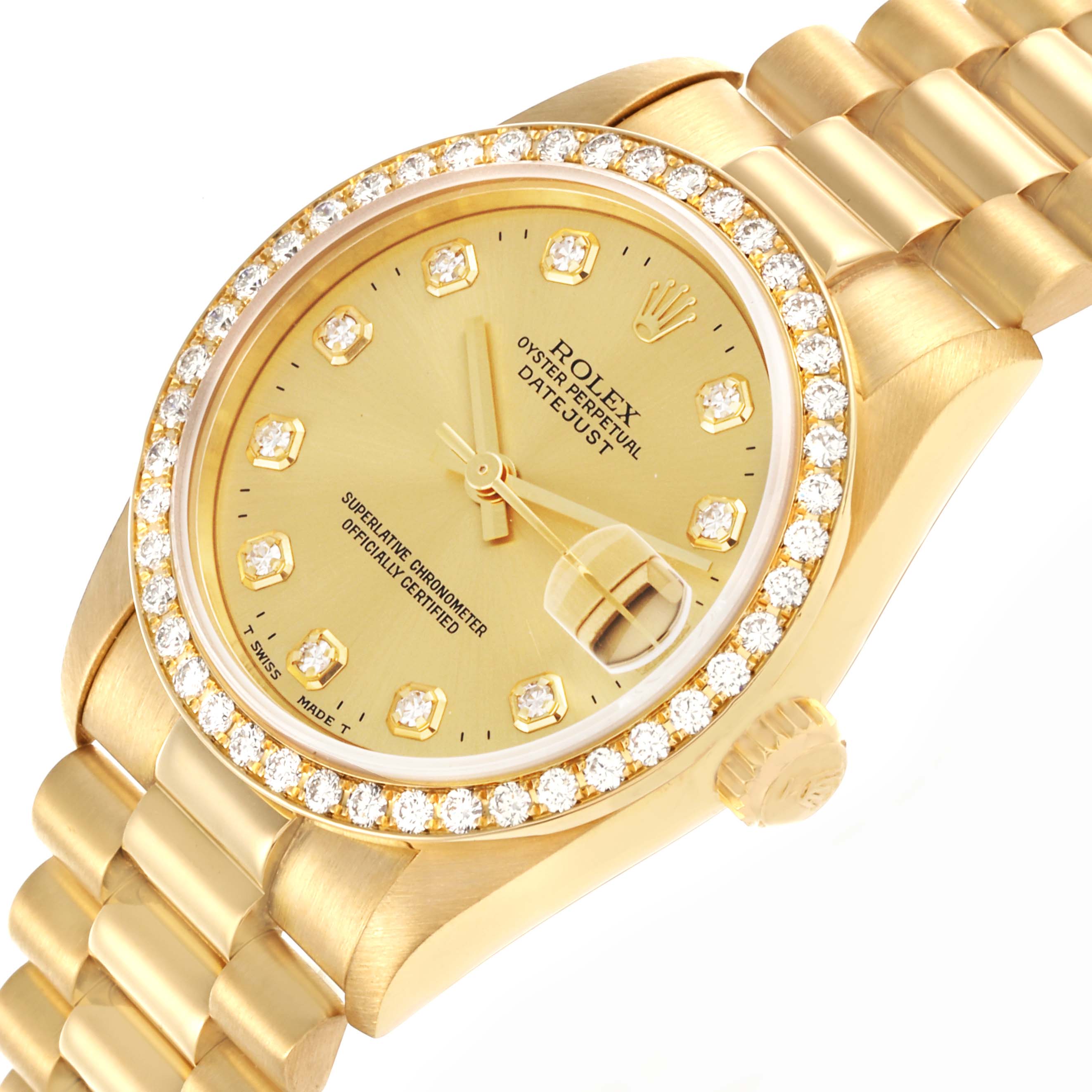 The Rolex President 68288 Women's Yellow Gold Champagne Dial 68288 Women's Yellow Gold Champagne Dial watch is shown at an angled view, highlighting the diamond bezel, gold dial, and bracelet.