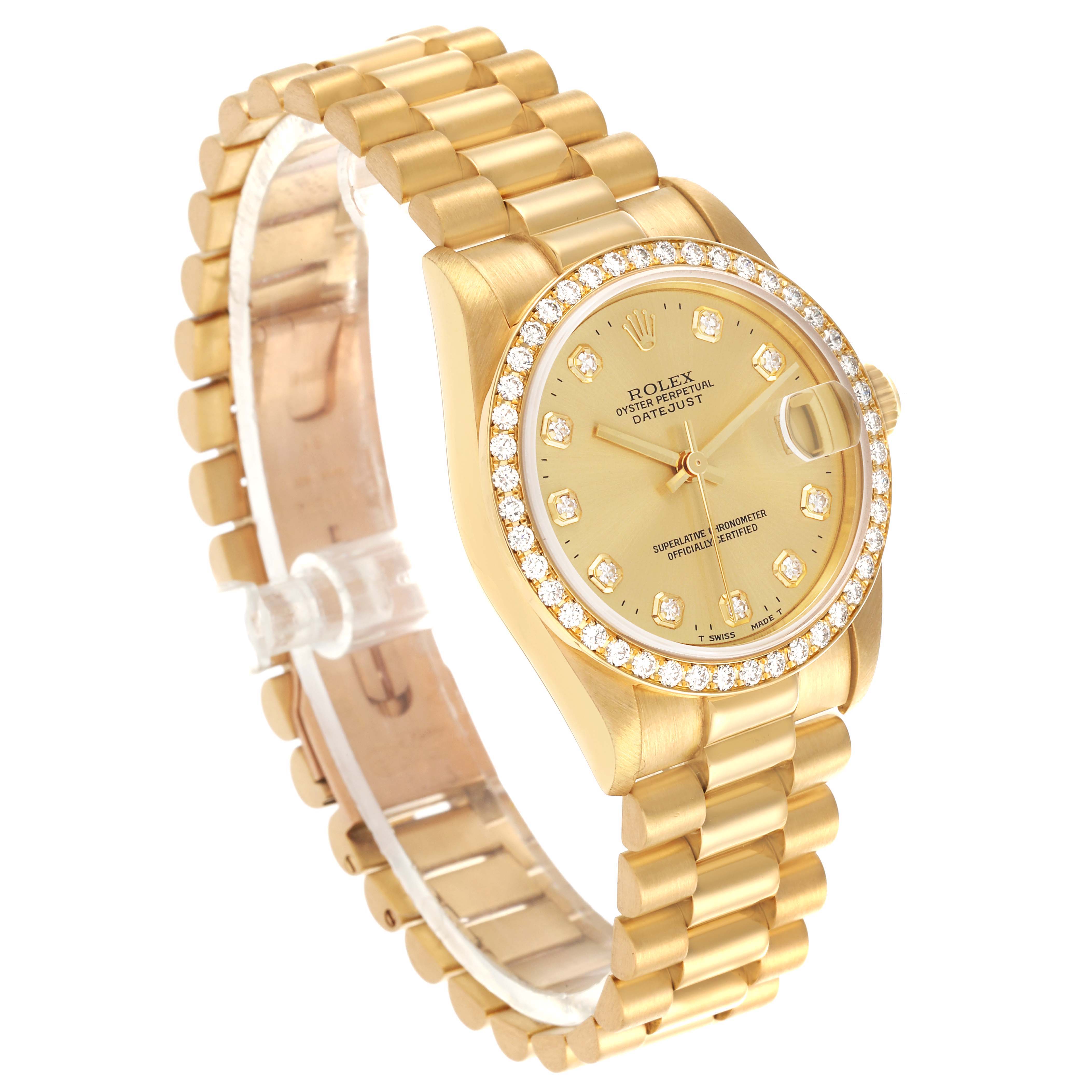 The Rolex President 68288 Women's Yellow Gold Champagne Dial 68288 Women's Yellow Gold Champagne Dial model is shown at a slight angle, highlighting the face, band, and diamond-encrusted bezel.