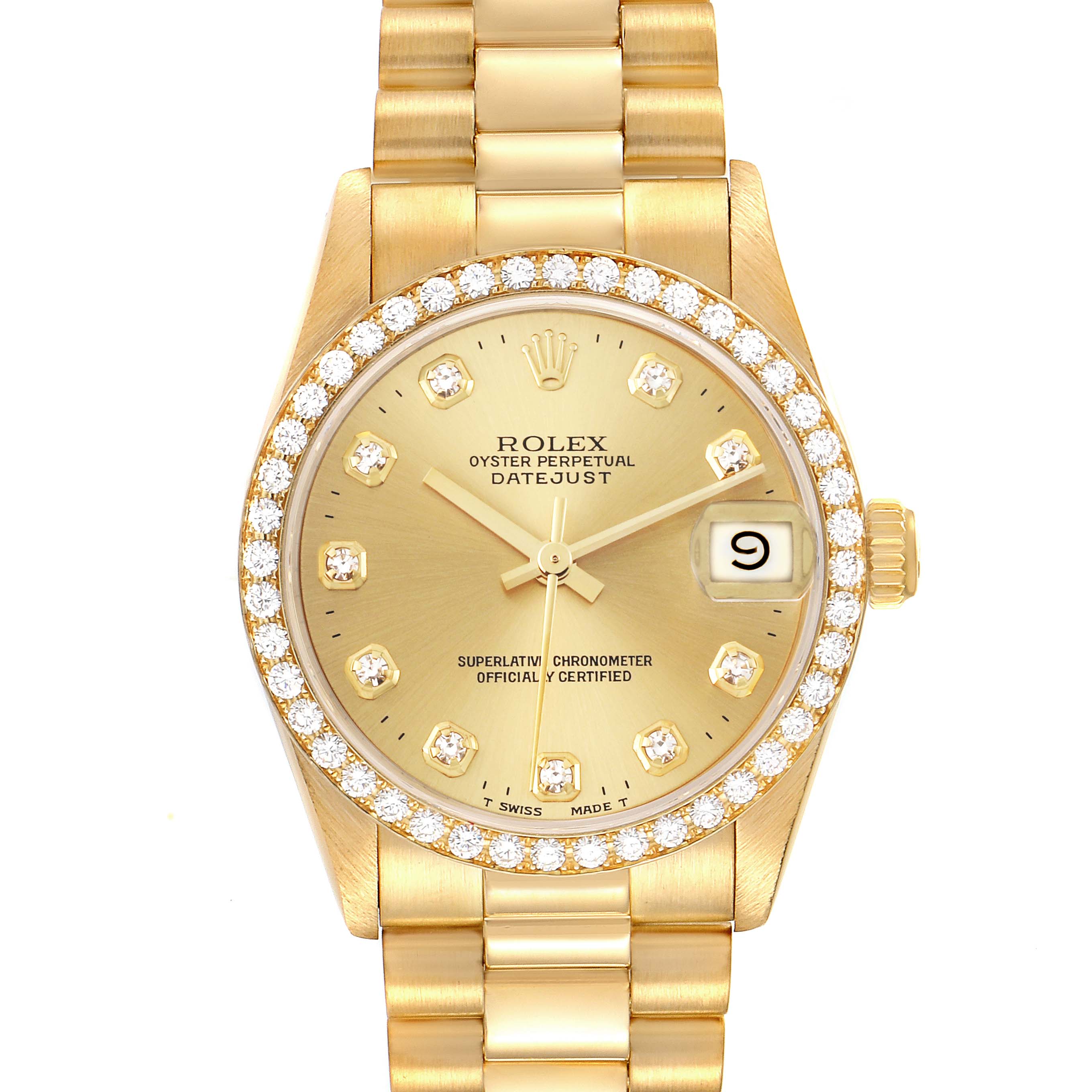 The Rolex President 68288 Women's Yellow Gold Champagne Dial 68288 Women's Yellow Gold Champagne Dial model is shown from the front, displaying the dial, bezel, case, and part of the bracelet.