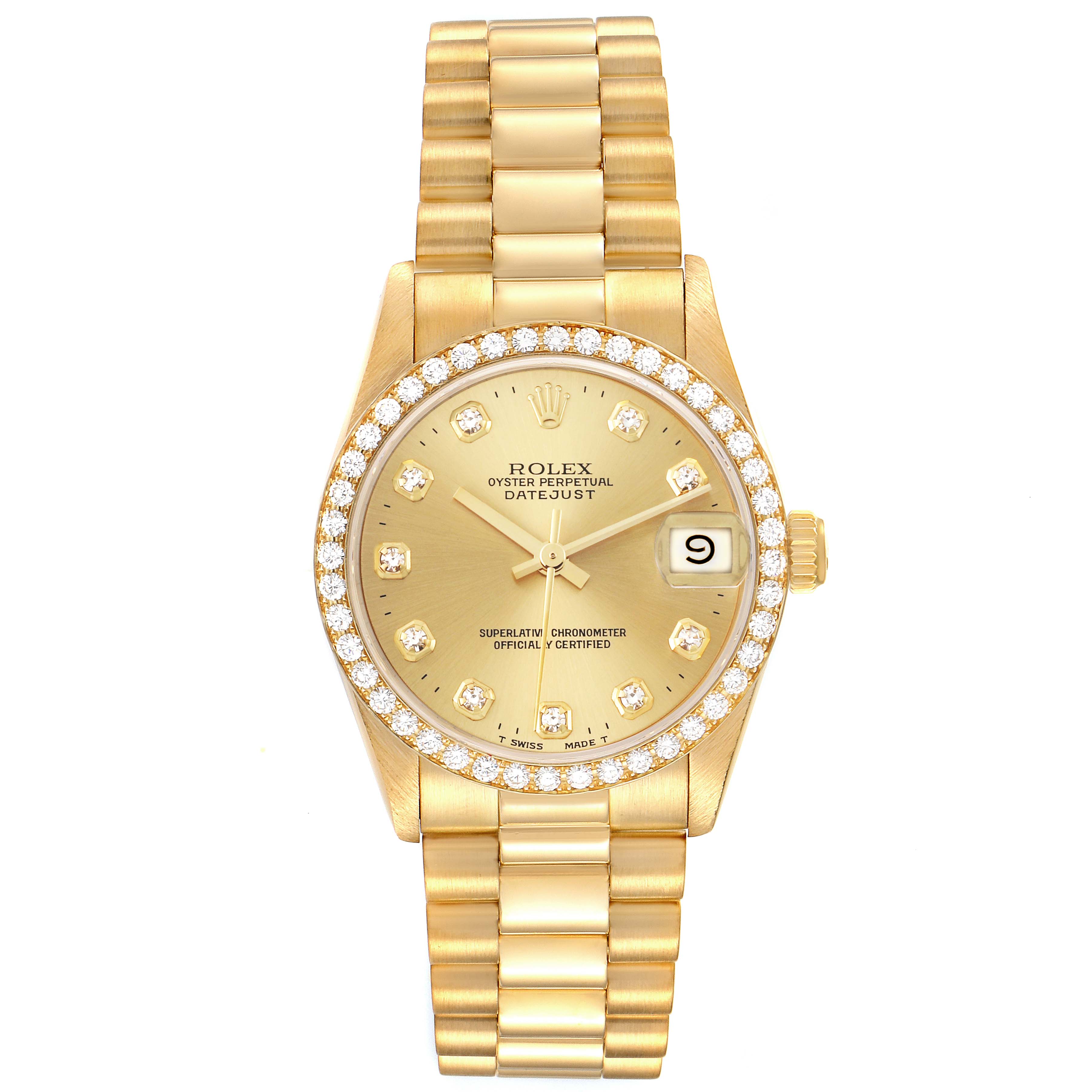 The Rolex President 68288 Women's Yellow Gold Champagne Dial 68288 Women's Yellow Gold Champagne Dial model is shown from the front, displaying the face, bezel, bracelet, and date window.