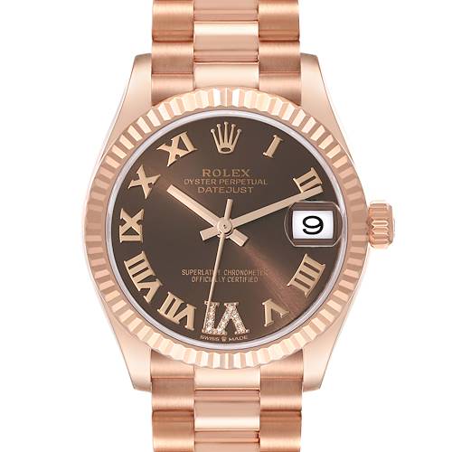 The Rolex President model is shown from the front, featuring a rose gold bracelet and a brown dial with Roman numerals.