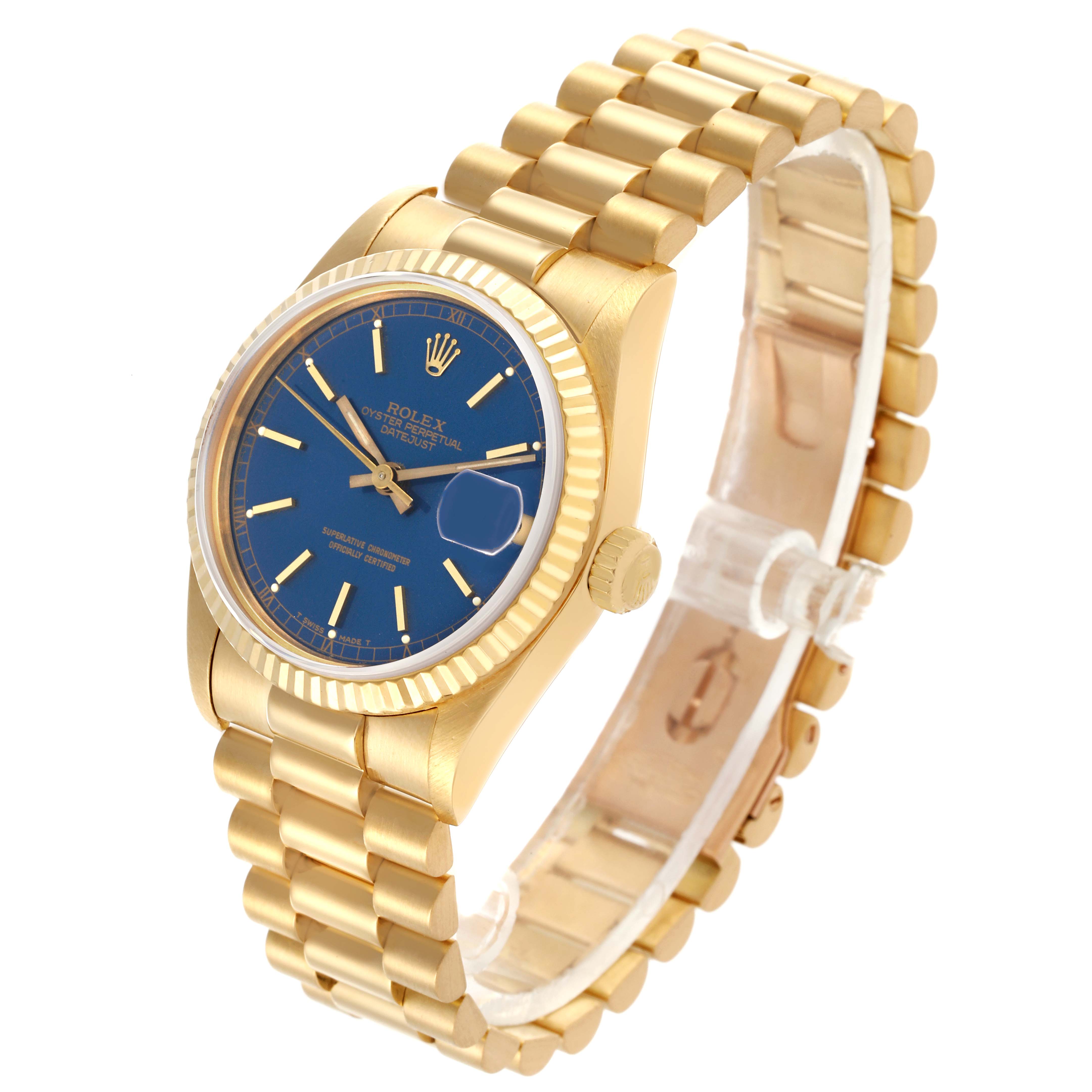 The image shows a Rolex President 68278 Women's Yellow Gold Blue Dial 68278 Women's Yellow Gold Blue Dial watch angled to display the gold bracelet, blue dial, and crown, with a partial side view.