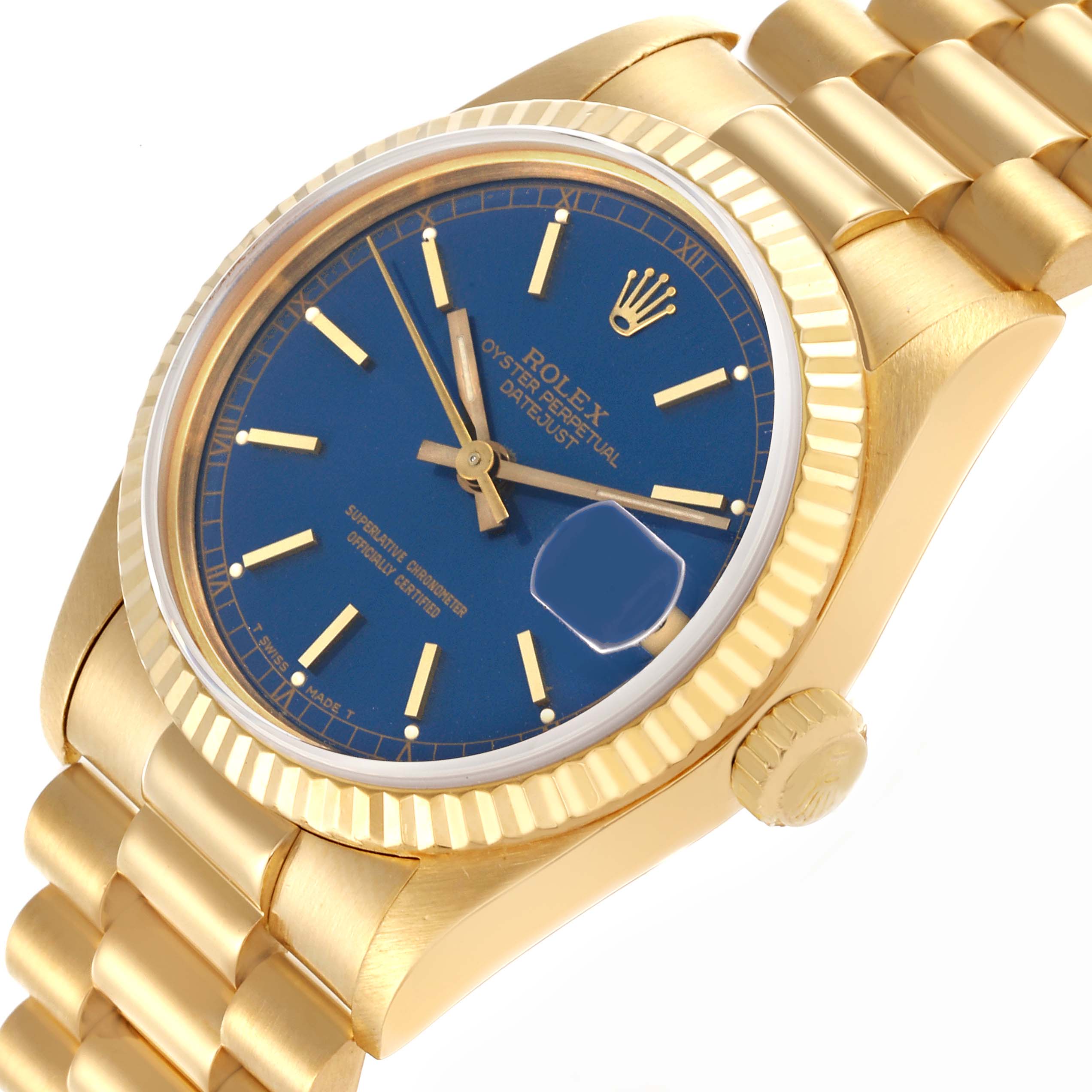 The Rolex President 68278 Women's Yellow Gold Blue Dial 68278 Women's Yellow Gold Blue Dial watch is shown at an angle highlighting the dial, bezel, crown, and bracelet.