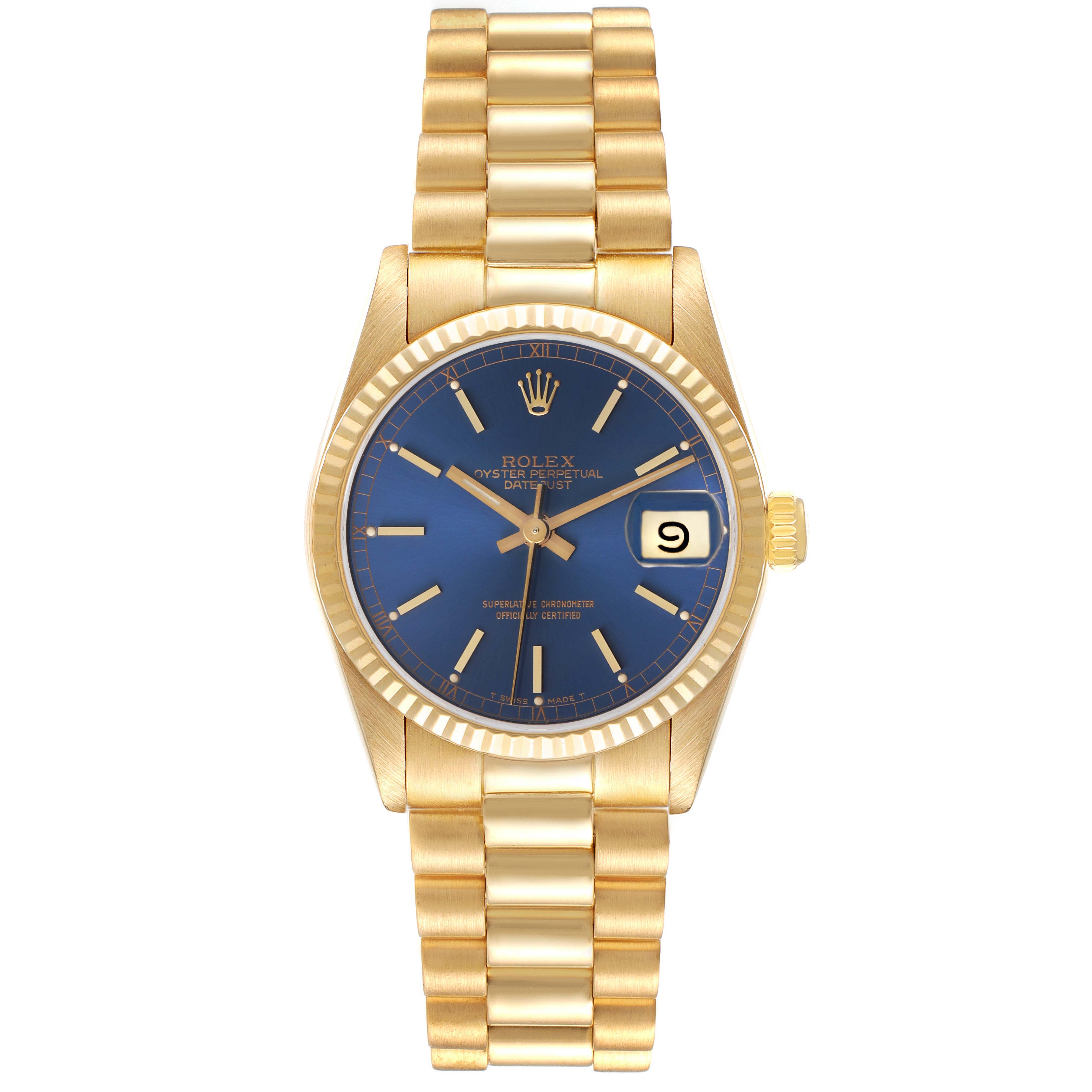 The Rolex President 68278 Women's Yellow Gold Blue Dial 68278 Women's Yellow Gold Blue Dial model is shown from the front, highlighting the gold case, blue dial, date window, and bracelet.