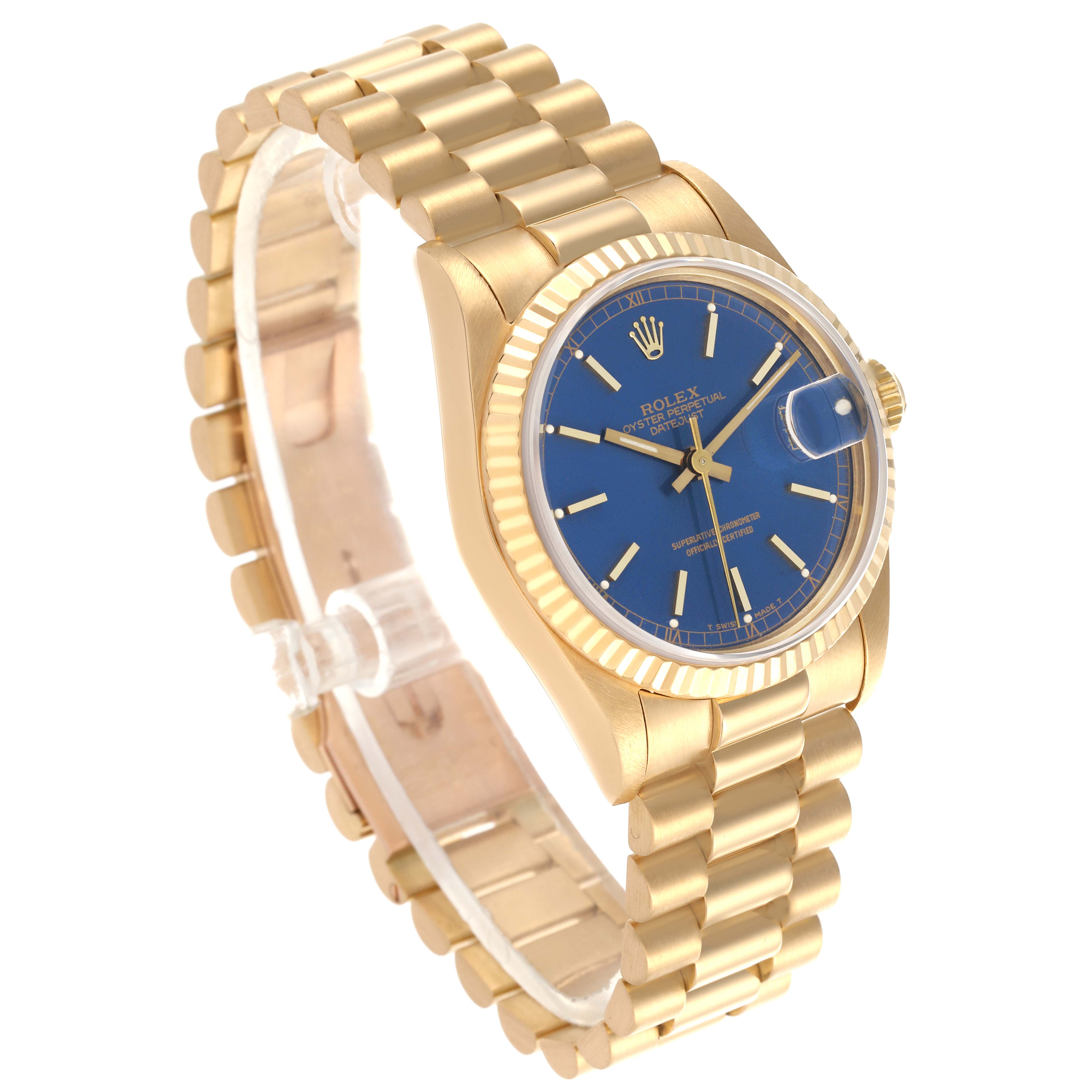 The Rolex President 68278 Women's Yellow Gold Blue Dial 68278 Women's Yellow Gold Blue Dial model is shown at a three-quarter angle, highlighting the gold bracelet, blue dial, and fluted bezel.