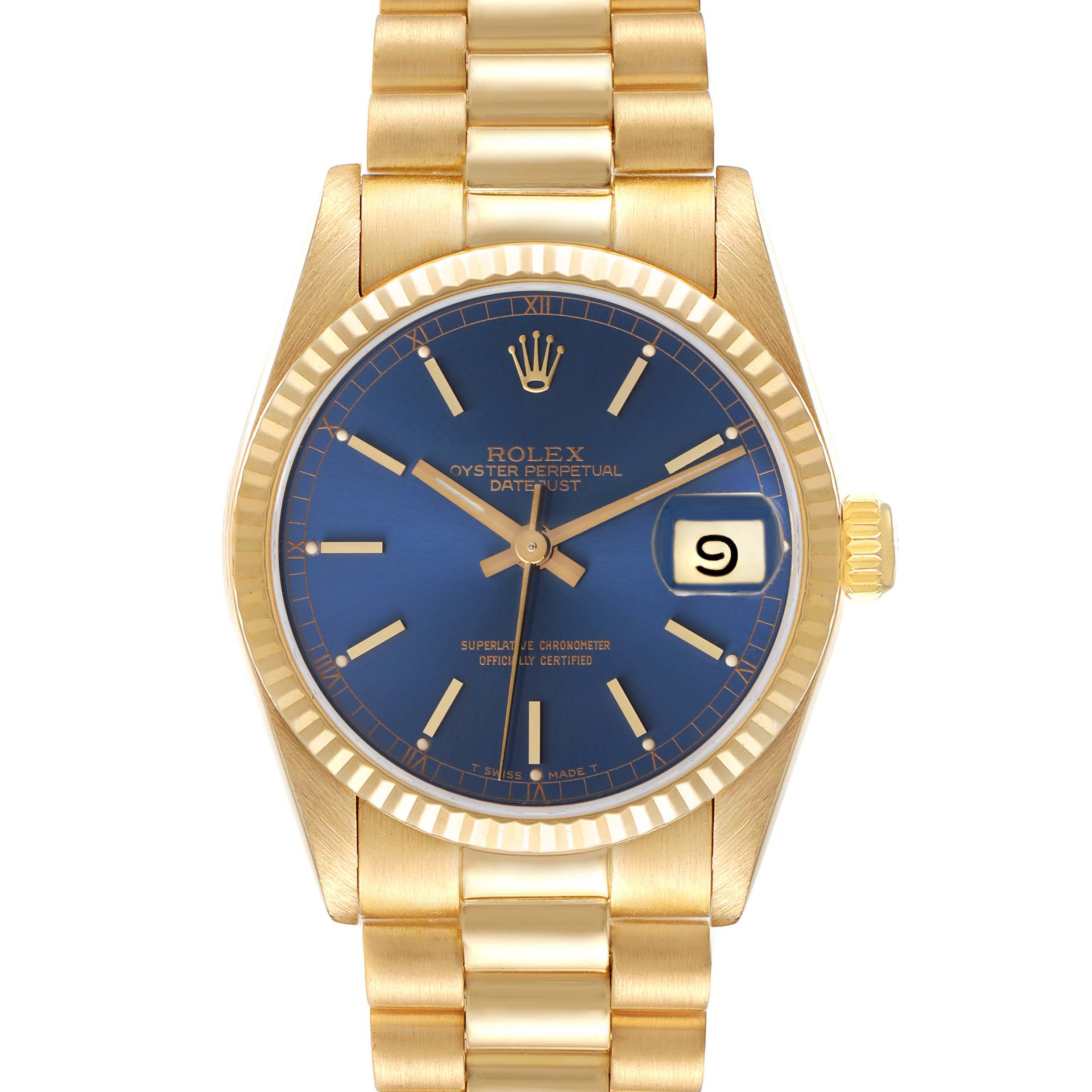 The Rolex President 68278 Women's Yellow Gold Blue Dial 68278 Women's Yellow Gold Blue Dial model watch is shown from a front angle, highlighting the blue dial and gold bracelet.