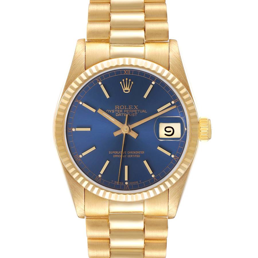 The Rolex President model watch is shown from a front angle, highlighting the blue dial and gold bracelet.