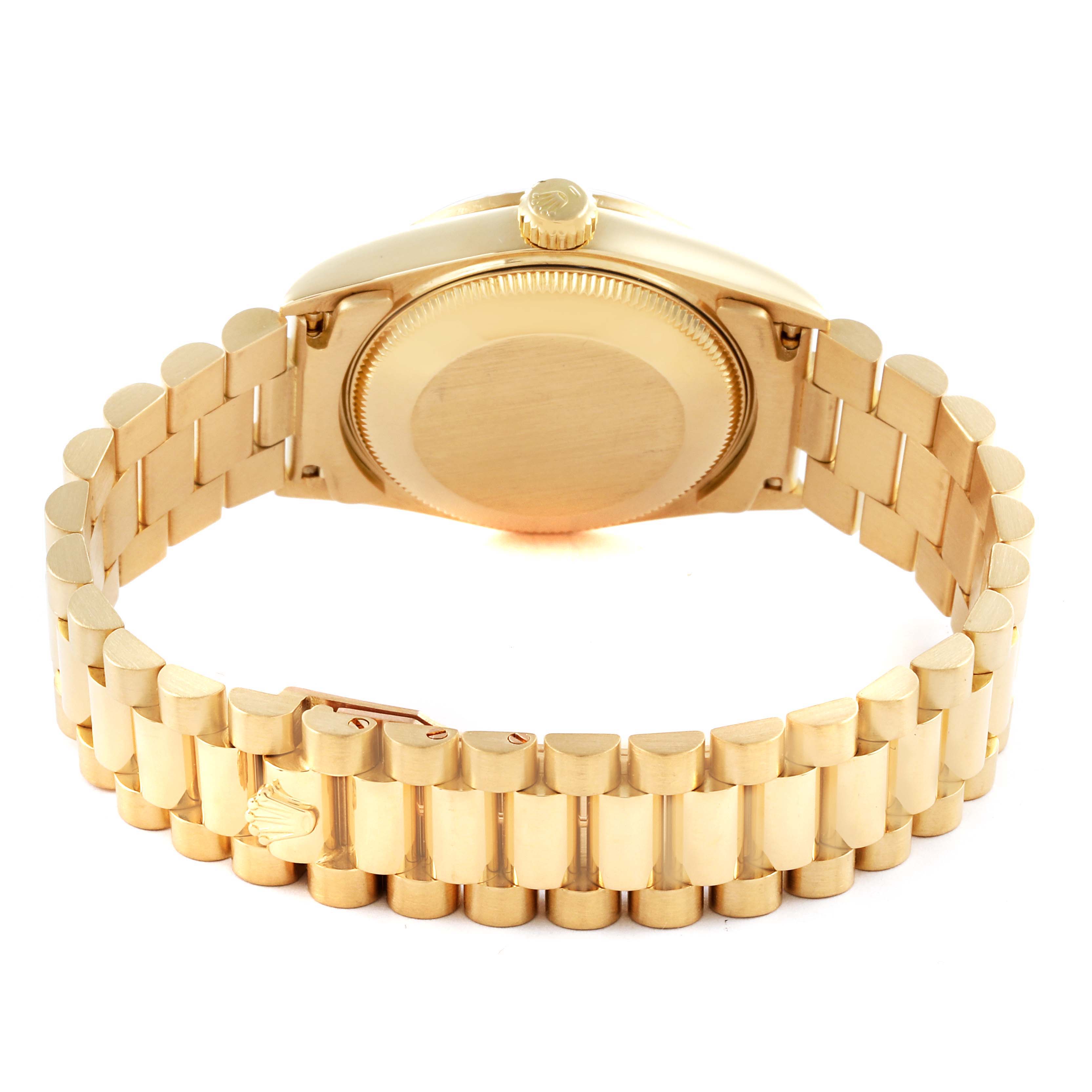 The image shows the back and side of the Rolex President 68278 Women's Yellow Gold Blue Dial 68278 Women's Yellow Gold Blue Dial model, highlighting the bracelet and caseback.