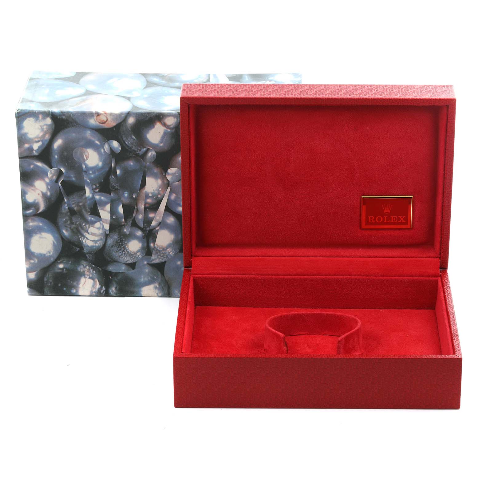 The image shows a Rolex President 68278 Women's Yellow Gold Blue Dial 68278 Women's Yellow Gold Blue Dial model watch box open, with its red interior and a decorative outer box beside it.