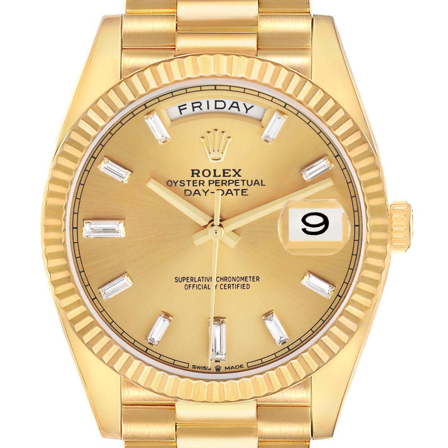The Rolex President 228238 Men's Yellow Gold Champagne Dial model is shown from the front, highlighting the gold dial, fluted bezel, day and date windows, and a gold bracelet.