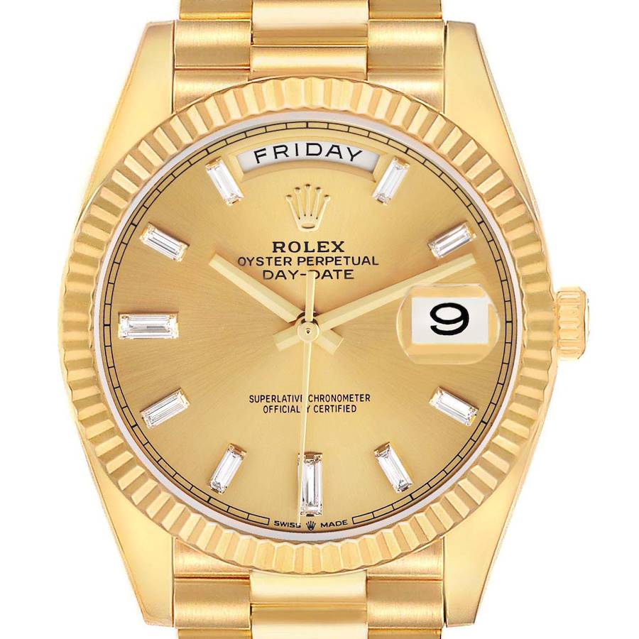 The Rolex President 228238 Men's Yellow Gold Champagne Dial model is shown from the front, highlighting the gold dial, fluted bezel, day and date windows, and a gold bracelet.