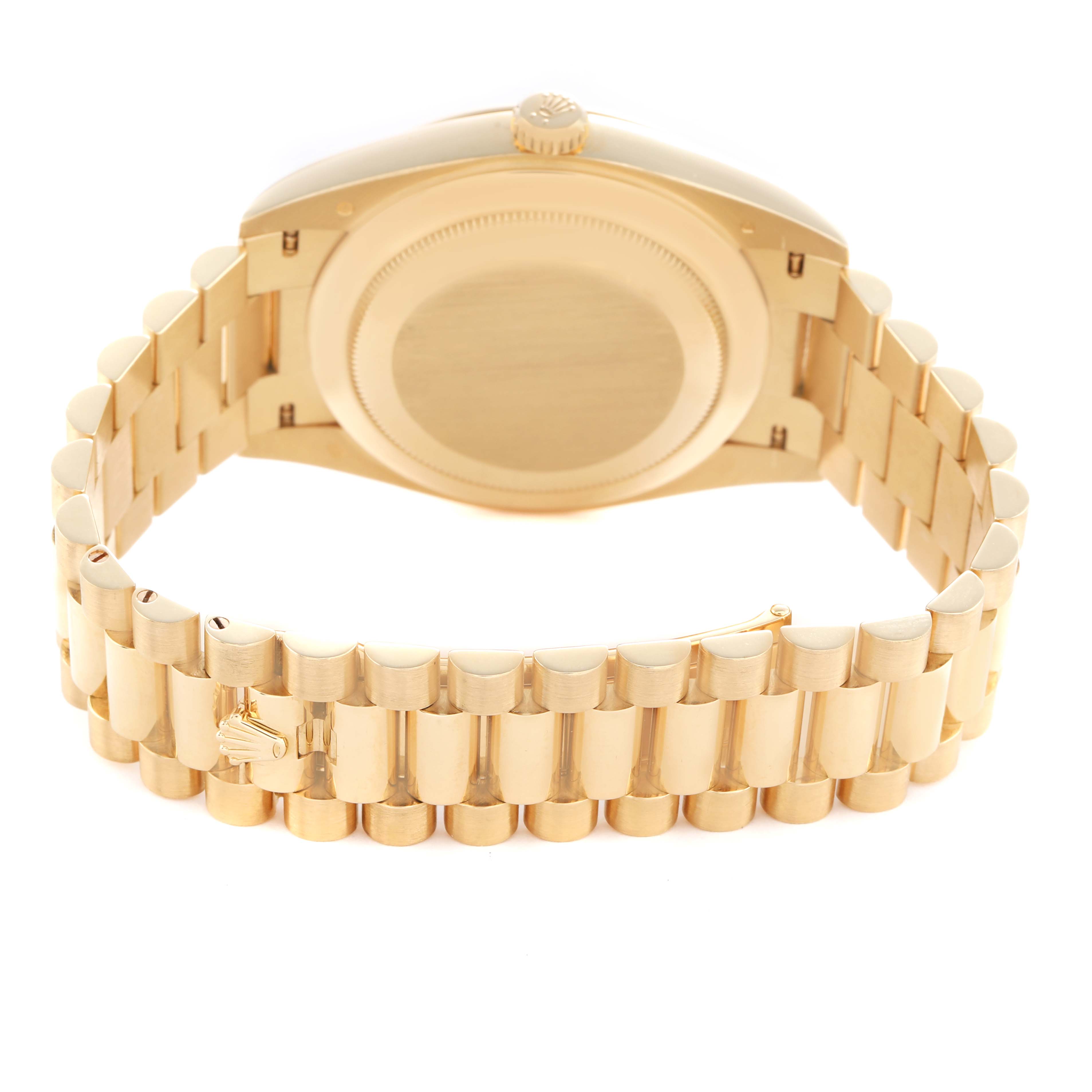The image shows the back and bracelet of a Rolex President 228238 Men's Yellow Gold Champagne Dial watch, highlighting the clasp and case back.