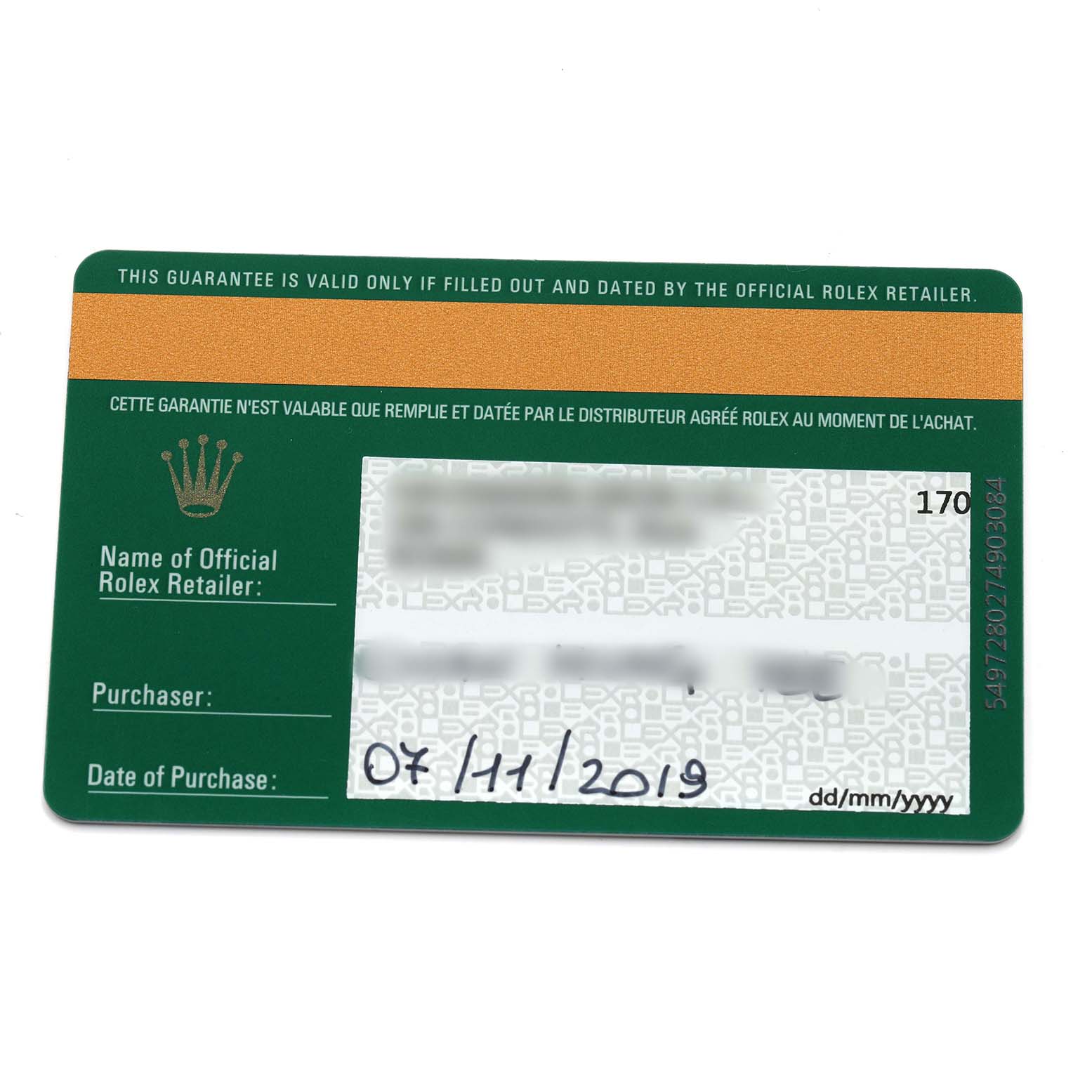 The image shows the warranty card for a Rolex President 228238 Men's Yellow Gold Champagne Dial model.