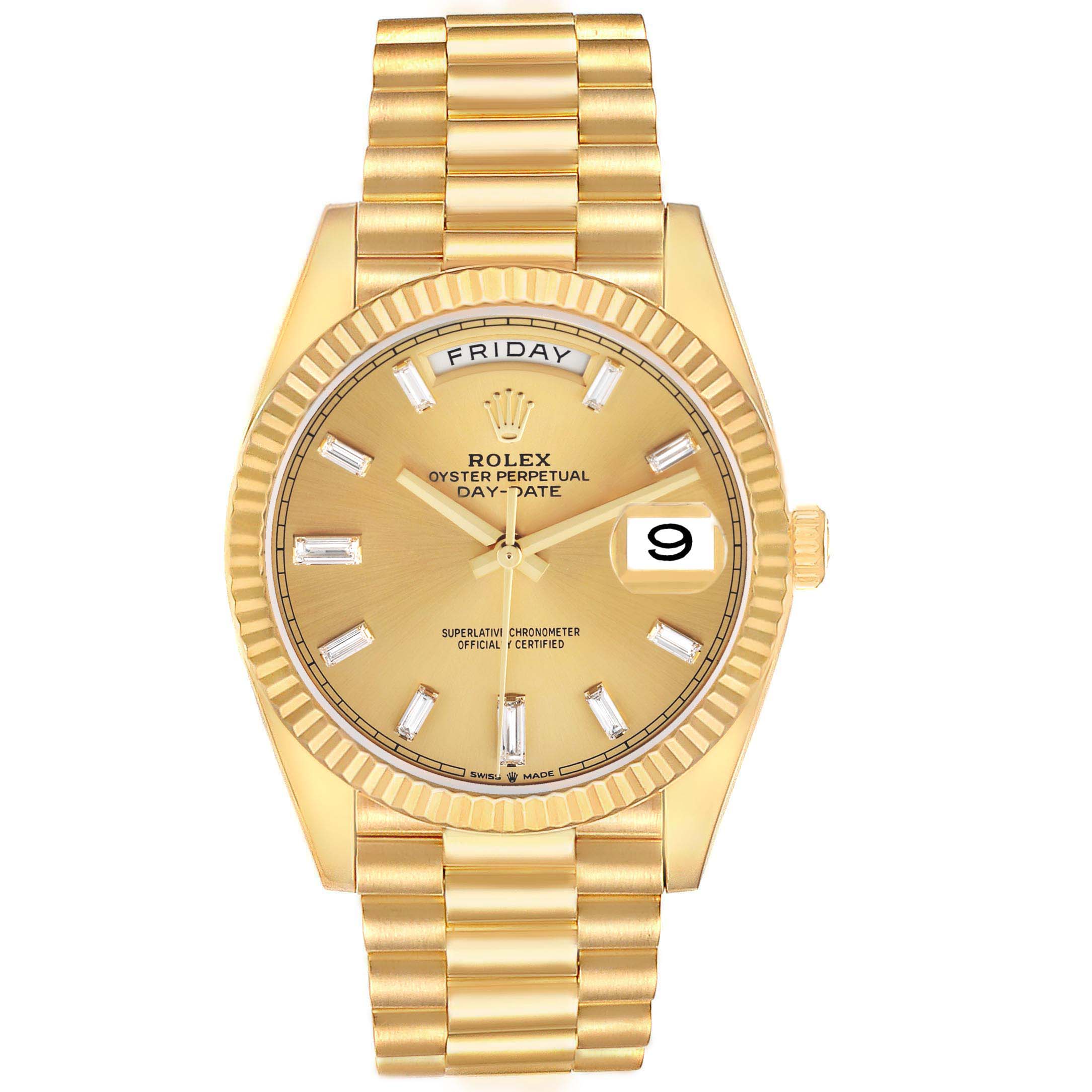 The Rolex President 228238 Men's Yellow Gold Champagne Dial model is shown from the front, displaying its full face, fluted bezel, and gold bracelet.
