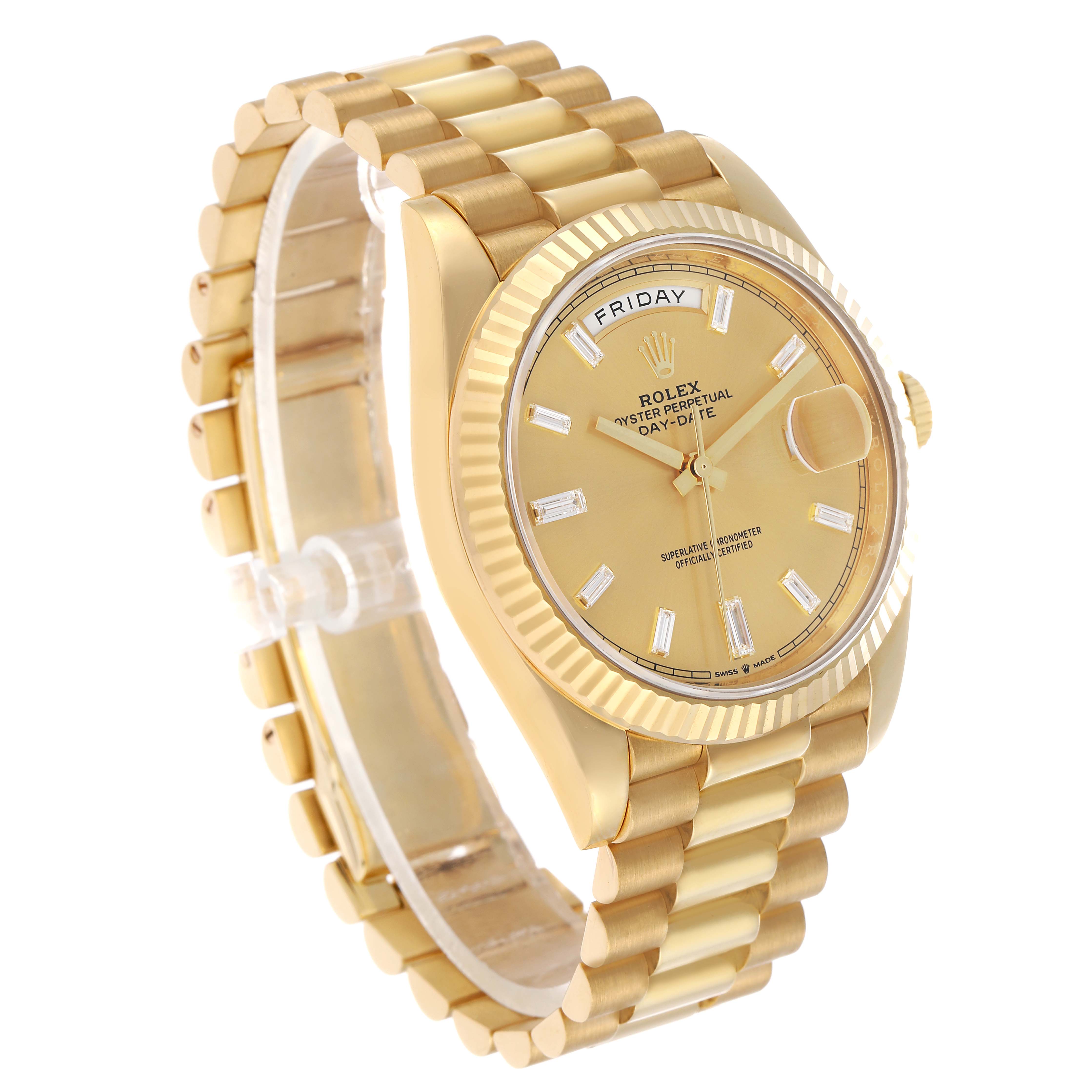 The Rolex President 228238 Men's Yellow Gold Champagne Dial model watch is shown at a three-quarter angle, highlighting the gold dial, fluted bezel, and bracelet.