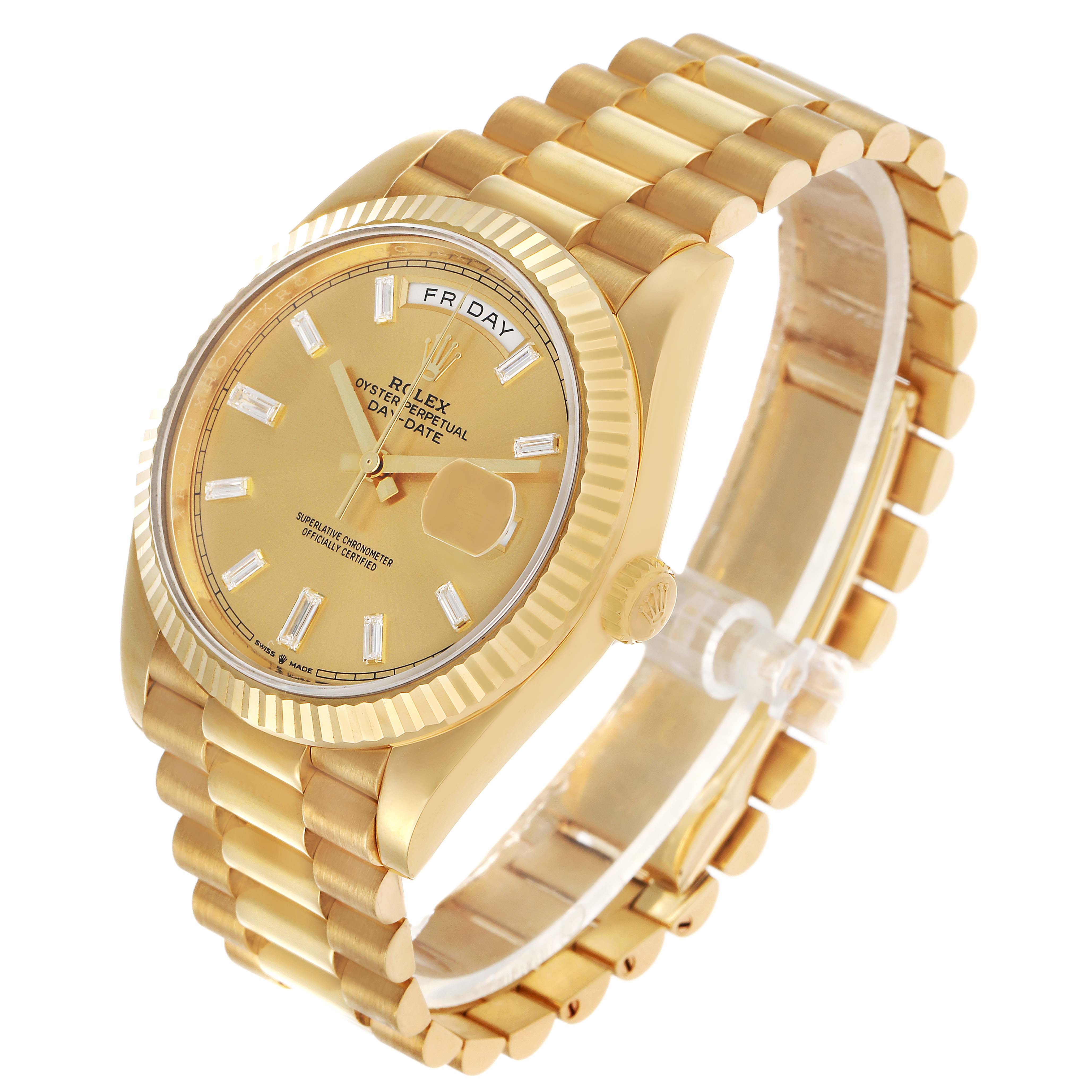The Rolex President 228238 Men's Yellow Gold Champagne Dial model watch is shown at a three-quarter angle, highlighting the bracelet, crown, face, and fluted bezel.