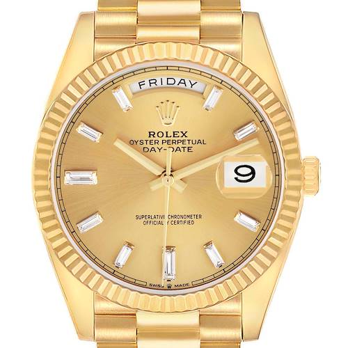 The image shows the Rolex President 228238 Men's Yellow Gold Champagne Dial model watch from the front, highlighting the dial, bezel, and part of the bracelet.