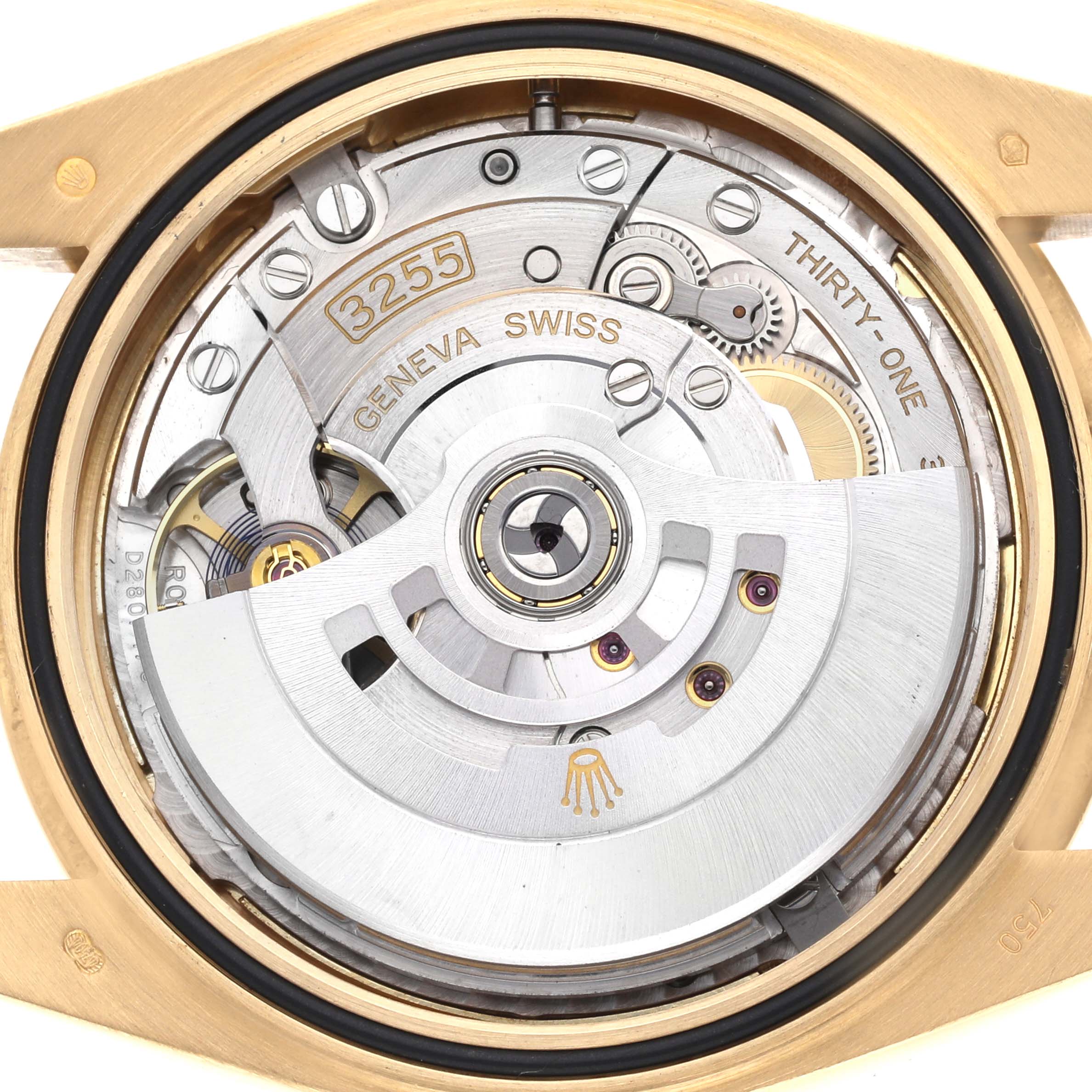 The image shows the back view of a Rolex President 228238 Men's Yellow Gold Champagne Dial model watch, highlighting the intricate movement and rotor details.