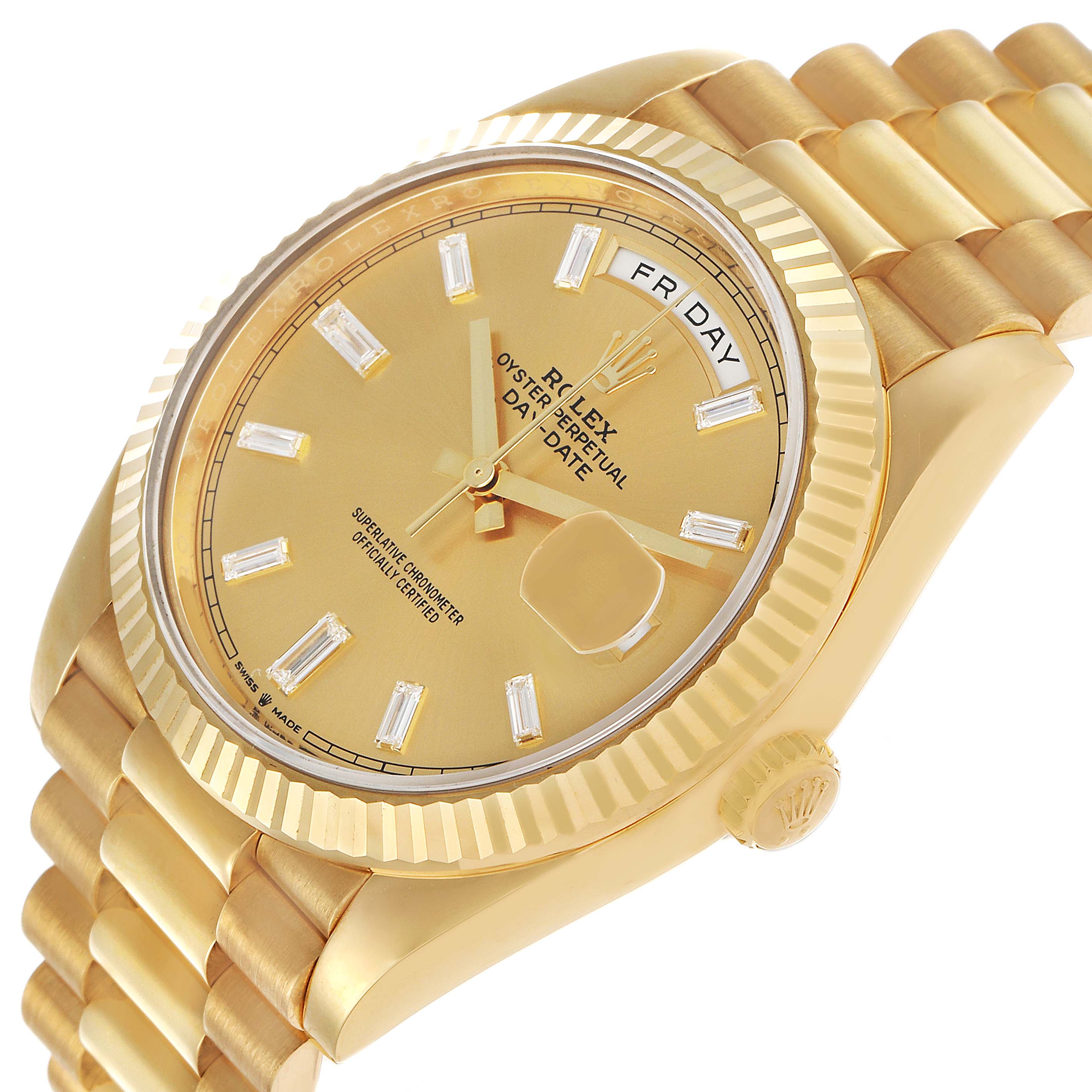 The Rolex President 228238 Men's Yellow Gold Champagne Dial model watch is shown at a three-quarter angle, displaying the face, bezel, crown, and part of the bracelet.