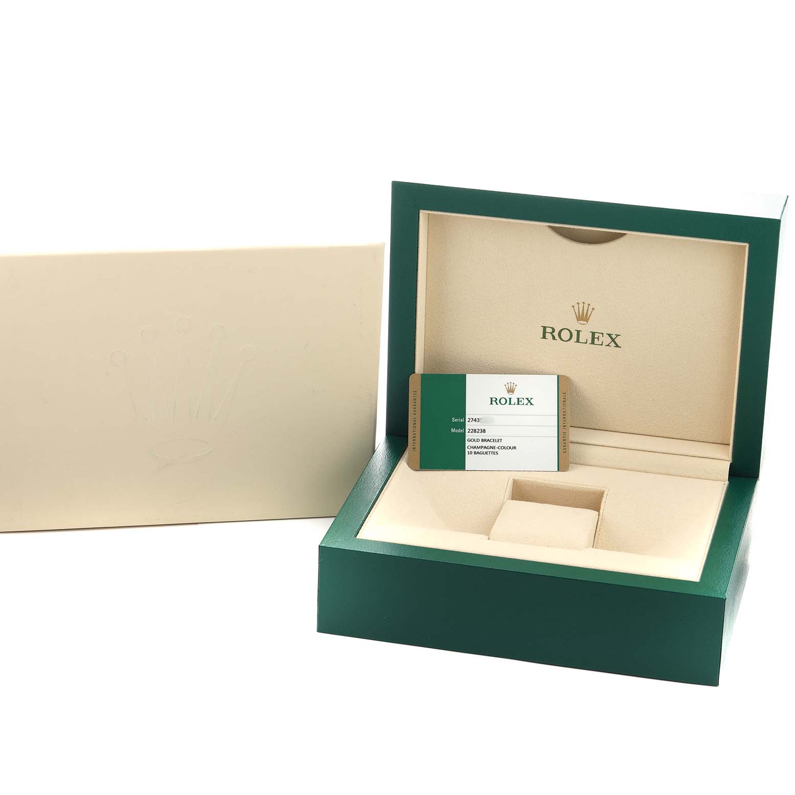 The image shows a Rolex President 228238 Men's Yellow Gold Champagne Dial model watch box and an authentication card placed inside.