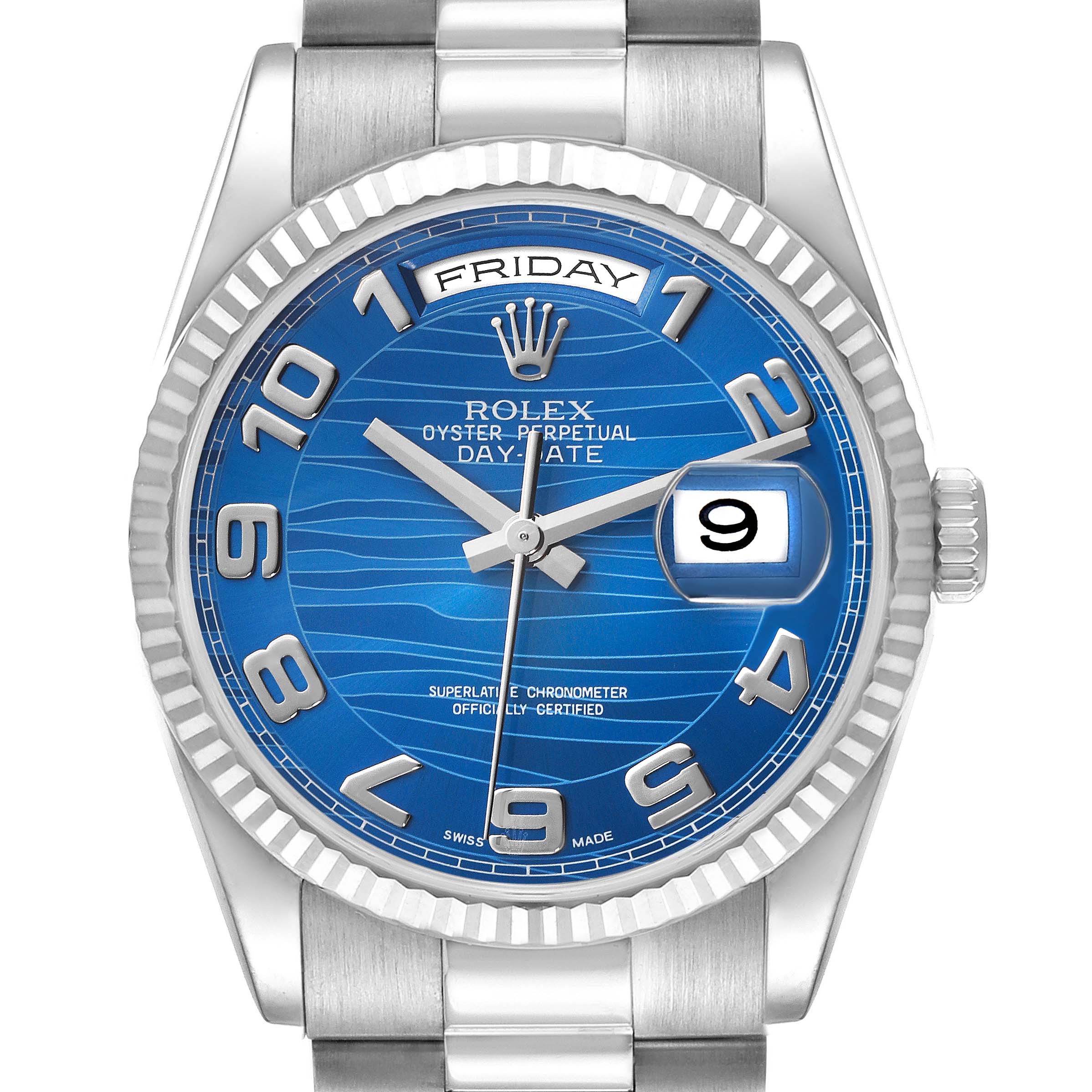 The Rolex President 118239 Men's White Gold Blue Dial 118239 Men's White Gold Blue Dial model is shown from a top view, highlighting the blue dial, day-date feature, and silver bezel and bracelet.