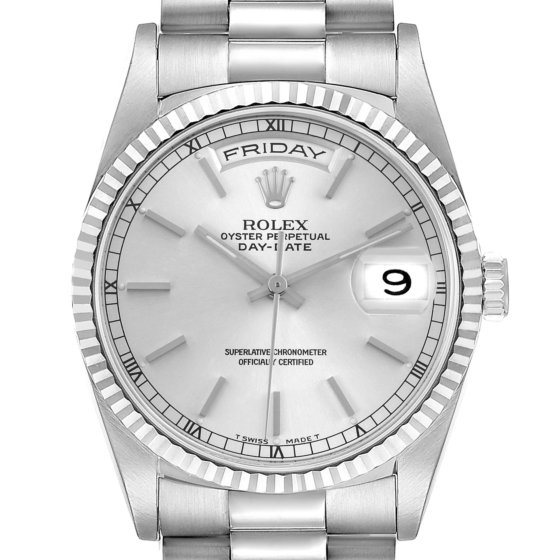 The image shows a front view of a Rolex President 18239 Men's White Gold Silver Dial 18239 Men's White Gold Silver Dial model, highlighting the dial, bezel, and bracelet.