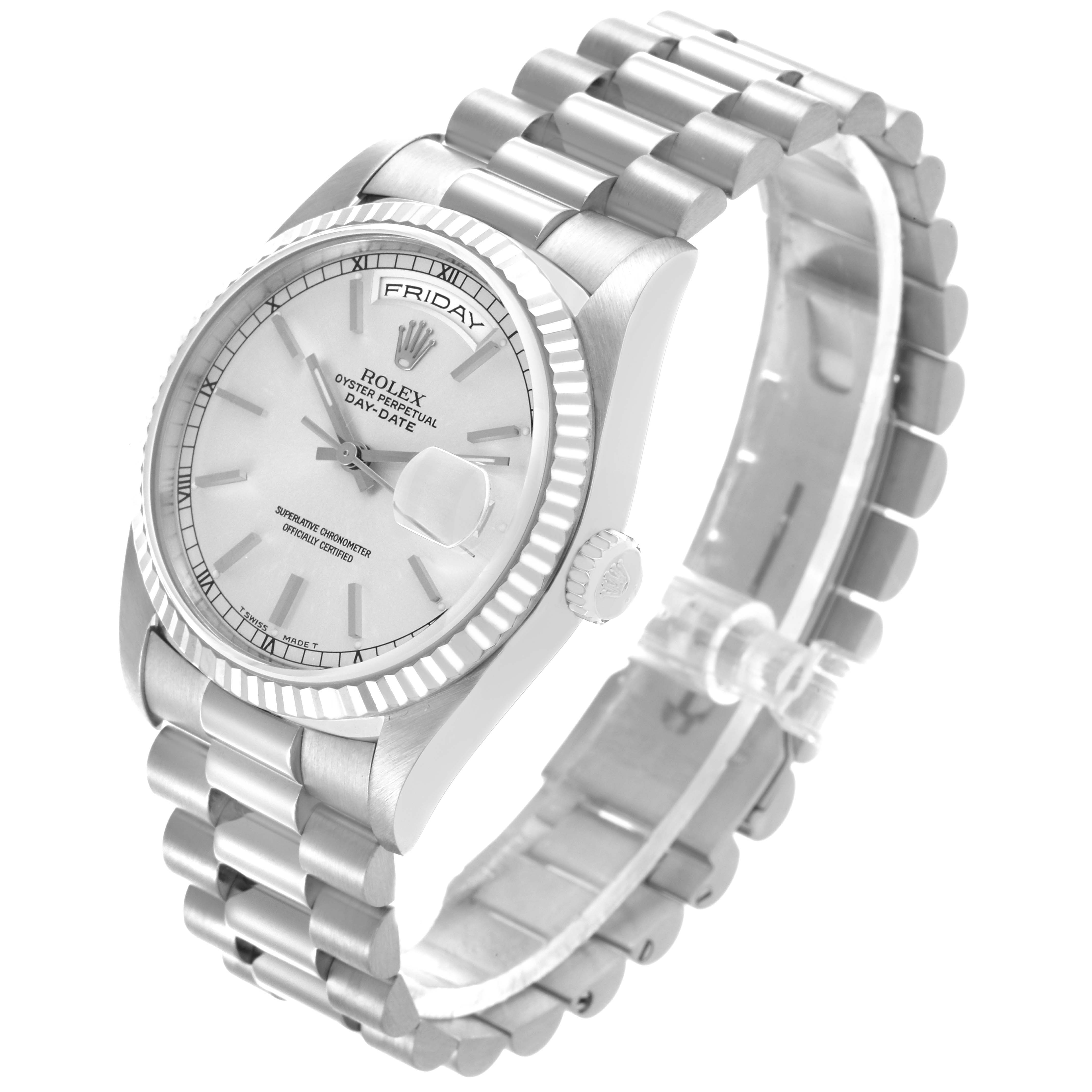 The Rolex President 18239 Men's White Gold Silver Dial 18239 Men's White Gold Silver Dial model is shown at a three-quarter angle, highlighting the face, bezel, crown, and bracelet.