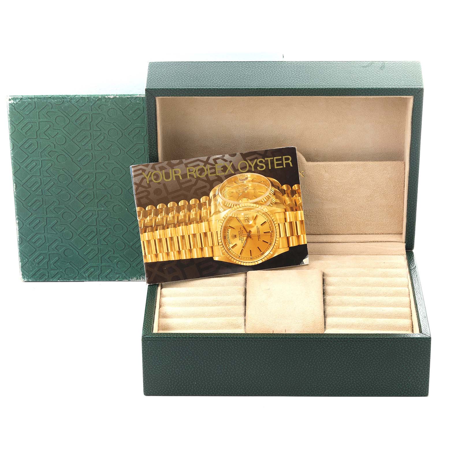 The image shows the packaging of a Rolex President 18239 Men's White Gold Silver Dial 18239 Men's White Gold Silver Dial model watch, including a green box and a promotional card.