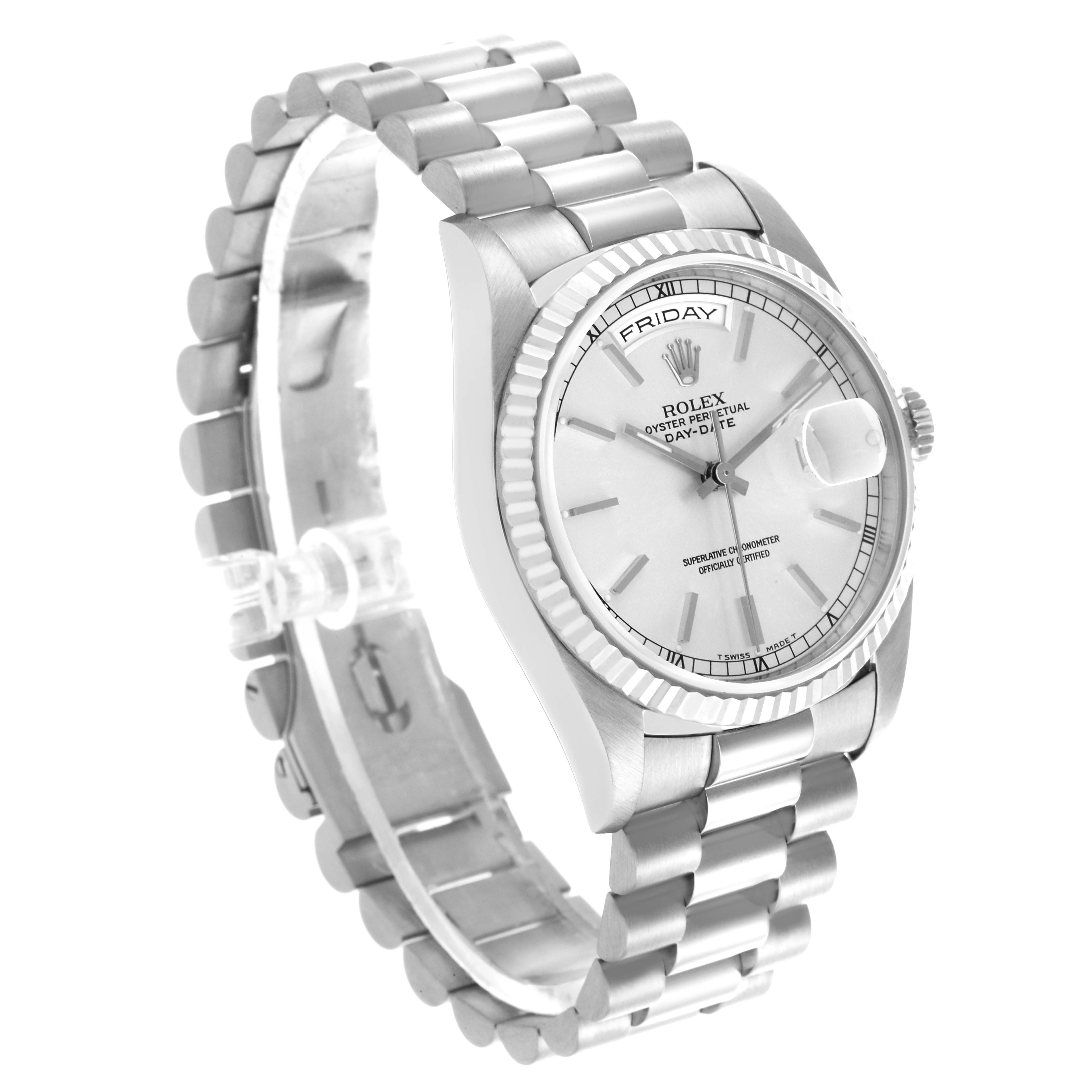 The Rolex President 18239 Men's White Gold Silver Dial 18239 Men's White Gold Silver Dial model is shown at a three-quarter angle, displaying the watch face, bezel, and bracelet.