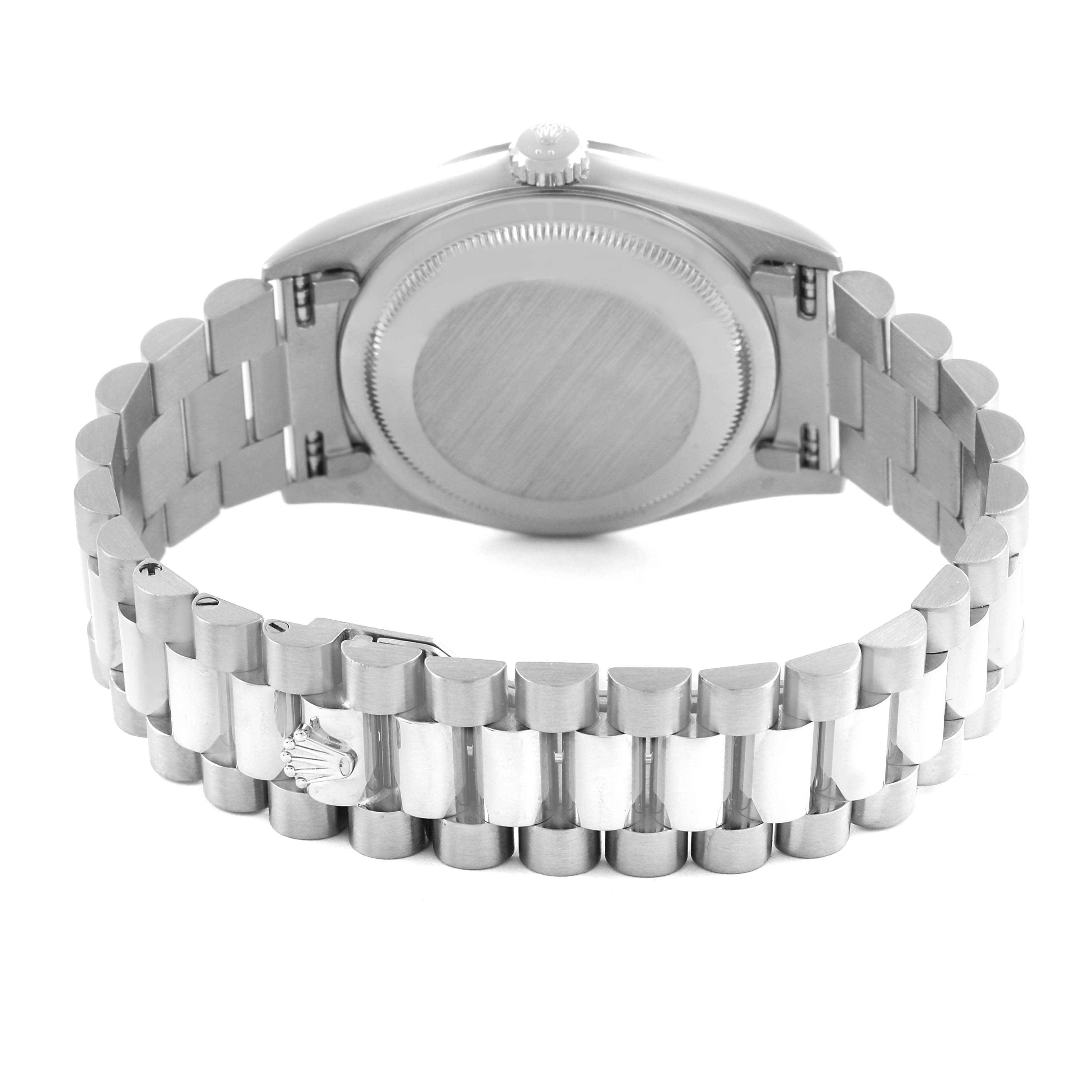 The image shows the back case and bracelet of the Rolex President 18239 Men's White Gold Silver Dial 18239 Men's White Gold Silver Dial model, highlighting the closed clasp and oyster links.