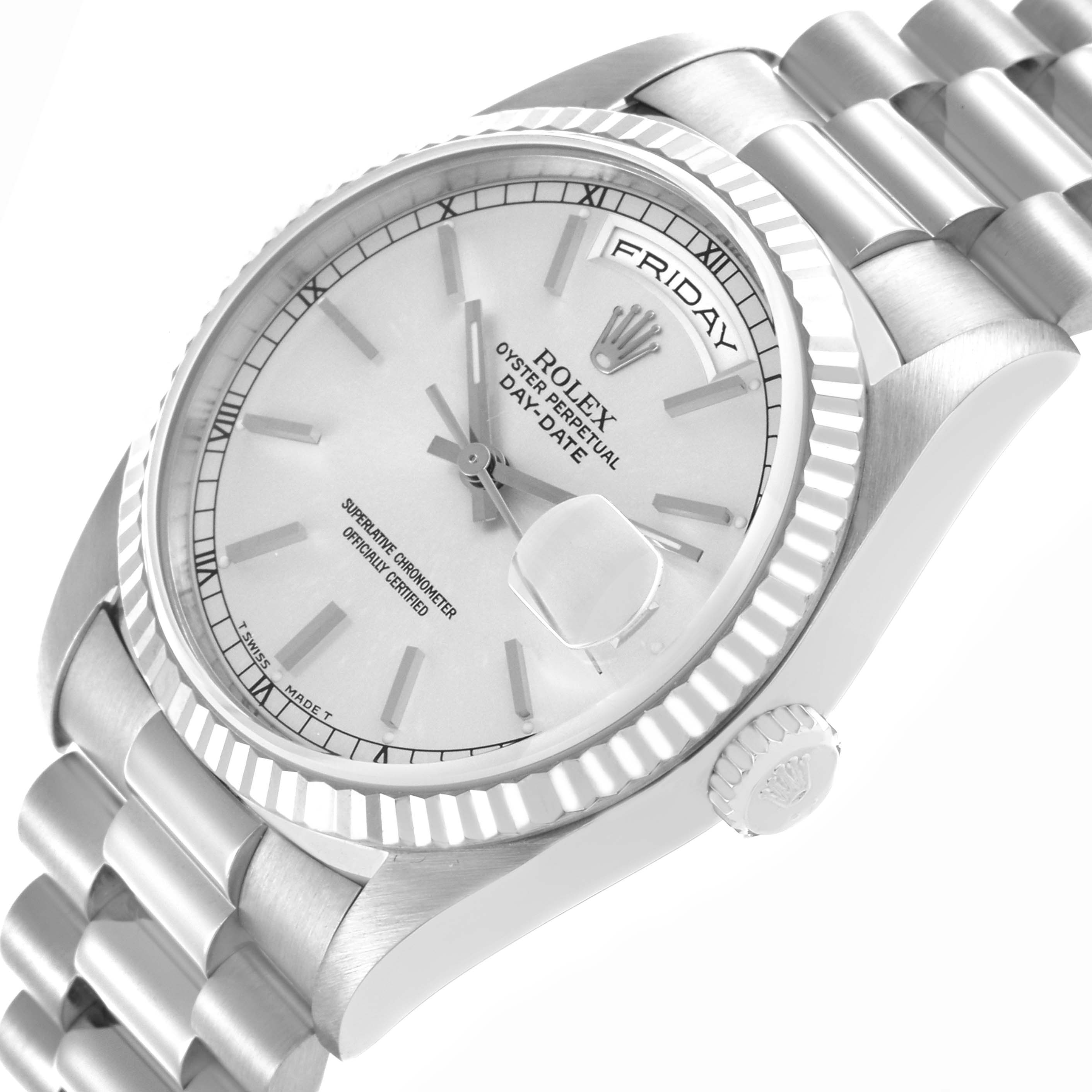 The image shows a Rolex President 18239 Men's White Gold Silver Dial 18239 Men's White Gold Silver Dial watch at a tilted angle, highlighting the dial, bezel, bracelet, and crown details.