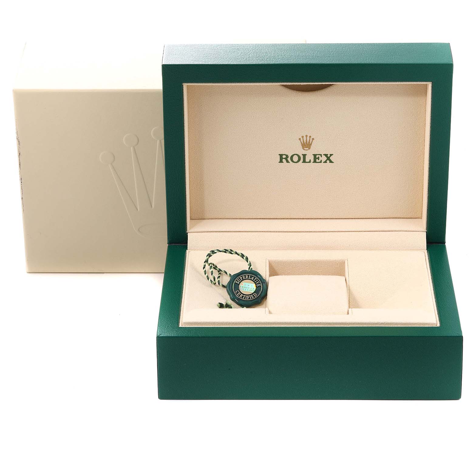 The image shows a Rolex Sea-Dweller 126603 Men's Steel and Gold (two tone) Black Dial 126603 Men's Steel and Gold (two tone) Black Dial watch box and accessories, including a green certification tag, viewed from the front.