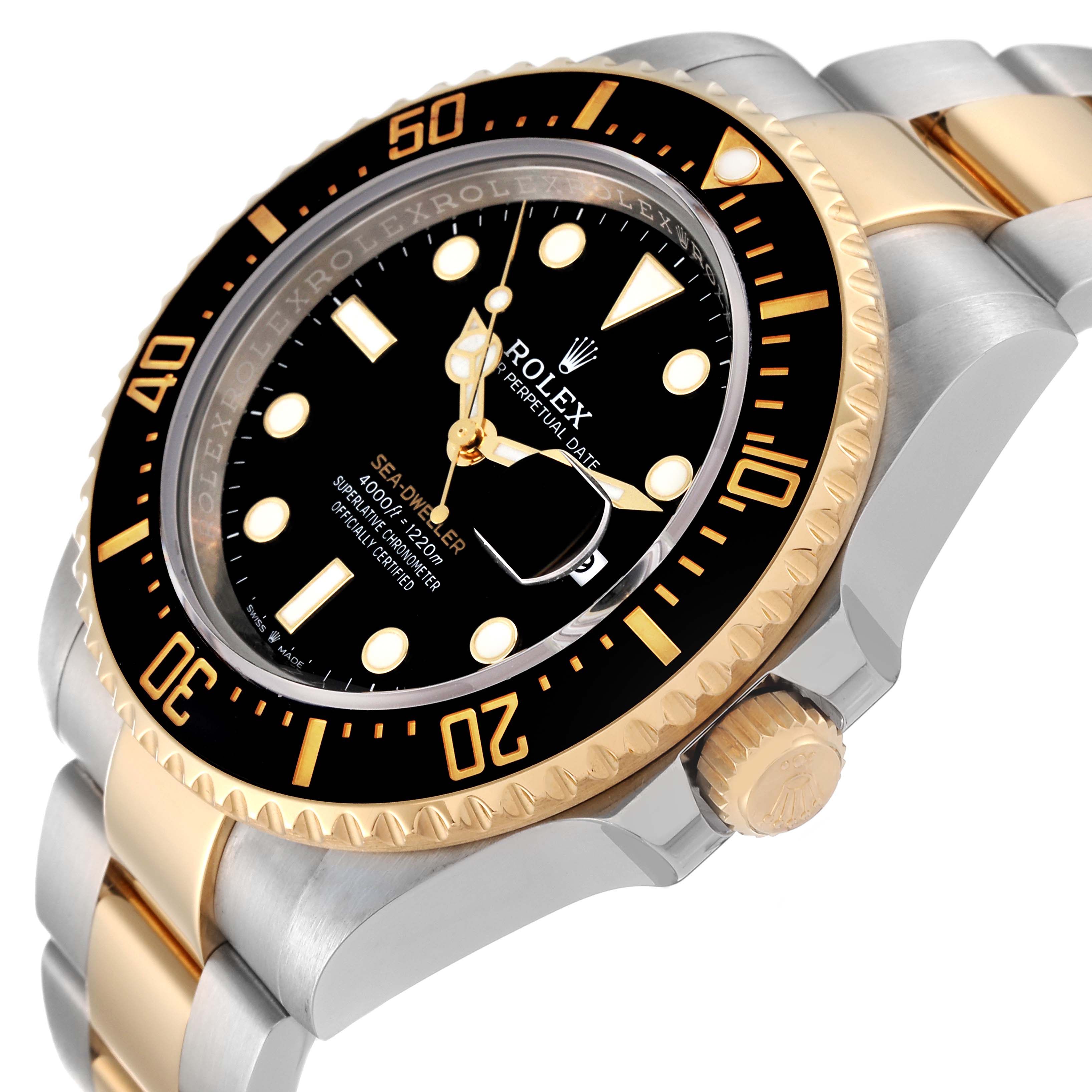 The image shows a Rolex Sea-Dweller 126603 Men's Steel and Gold (two tone) Black Dial 126603 Men's Steel and Gold (two tone) Black Dial watch at a slight angle, highlighting its bezel, dial, crown, and part of the bracelet.