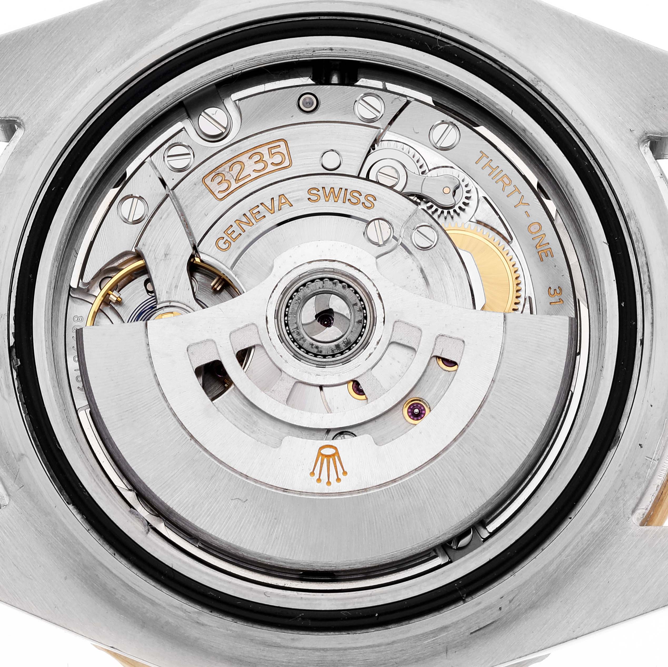 The image shows a close-up view of the movement mechanism of a Rolex Sea-Dweller 126603 Men's Steel and Gold (two tone) Black Dial 126603 Men's Steel and Gold (two tone) Black Dial watch, specifically detailing the caliber 3235.