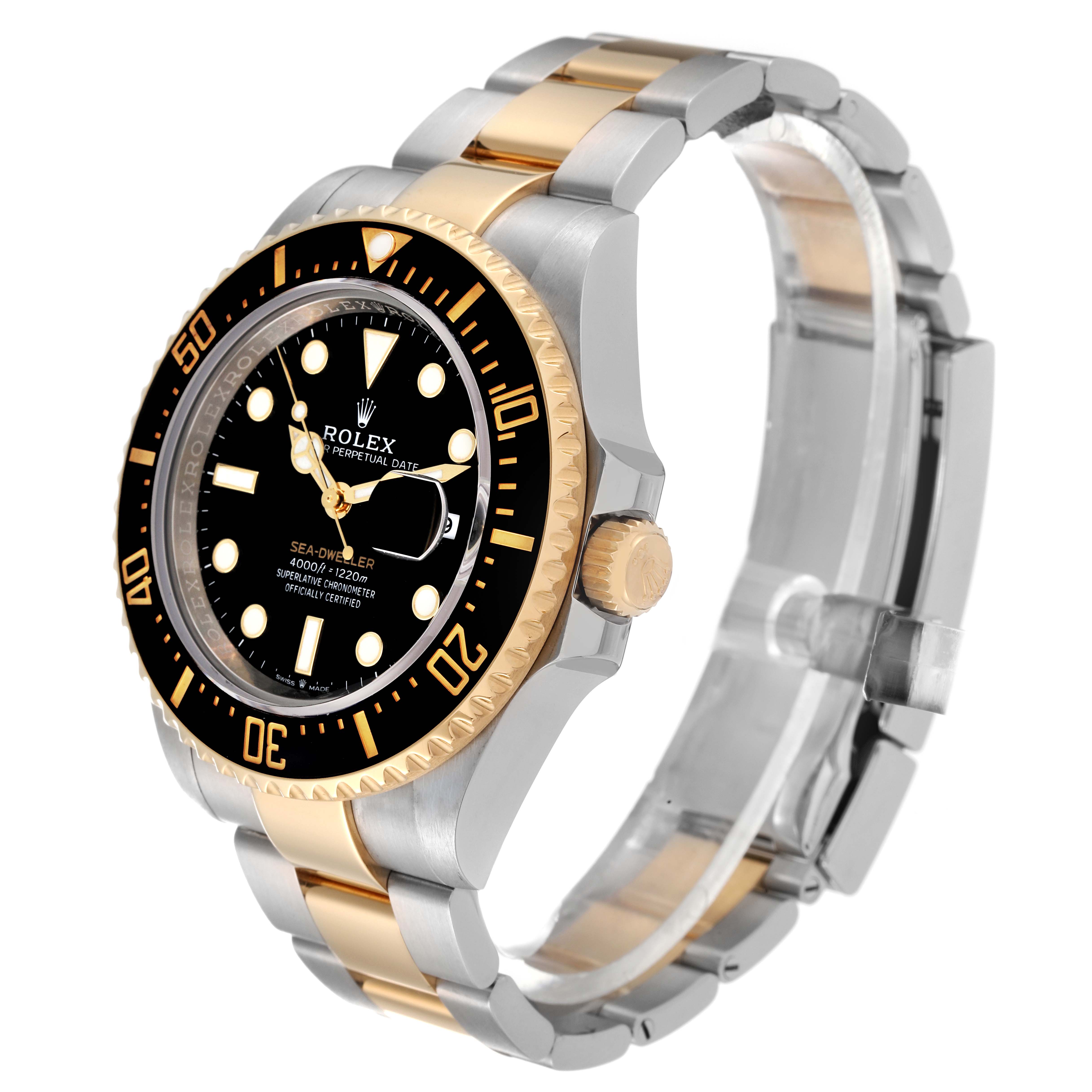 The Rolex Sea-Dweller 126603 Men's Steel and Gold (two tone) Black Dial 126603 Men's Steel and Gold (two tone) Black Dial watch is shown from a slight angle, highlighting the bezel, dial, crown, and two-tone bracelet.
