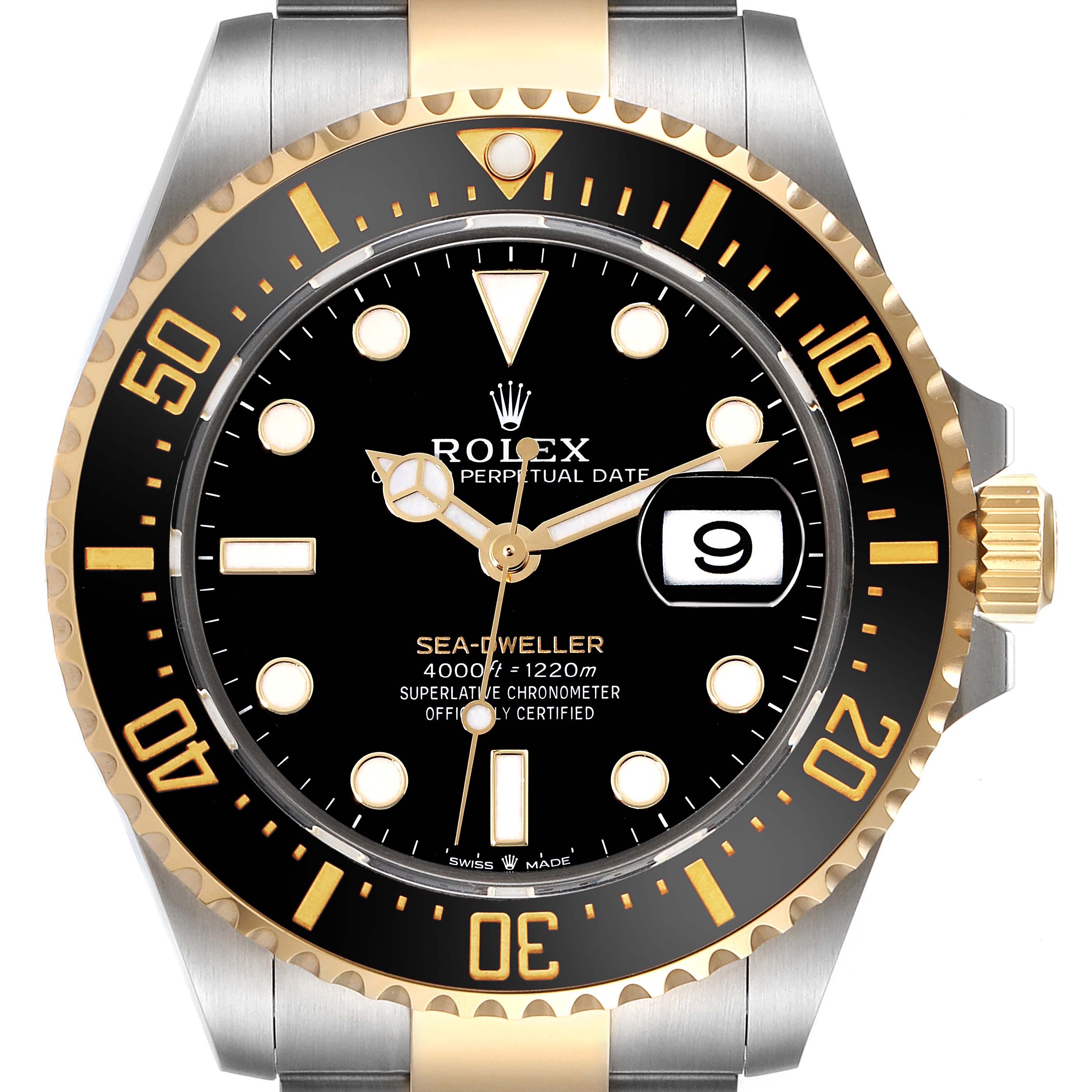 This image shows a front view of the Rolex Sea-Dweller 126603 Men's Steel and Gold (two tone) Black Dial 126603 Men's Steel and Gold (two tone) Black Dial watch, highlighting the dial, bezel, and crown.