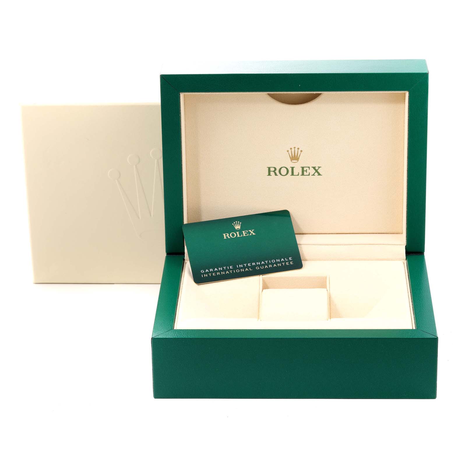 The image shows the open box and guarantee card for a Rolex Sky-Dweller 326934 Men
s Stainless Steel Blue Dial 326934 Men
s Stainless Steel Blue Dial model, with their green color scheme prominently displayed.